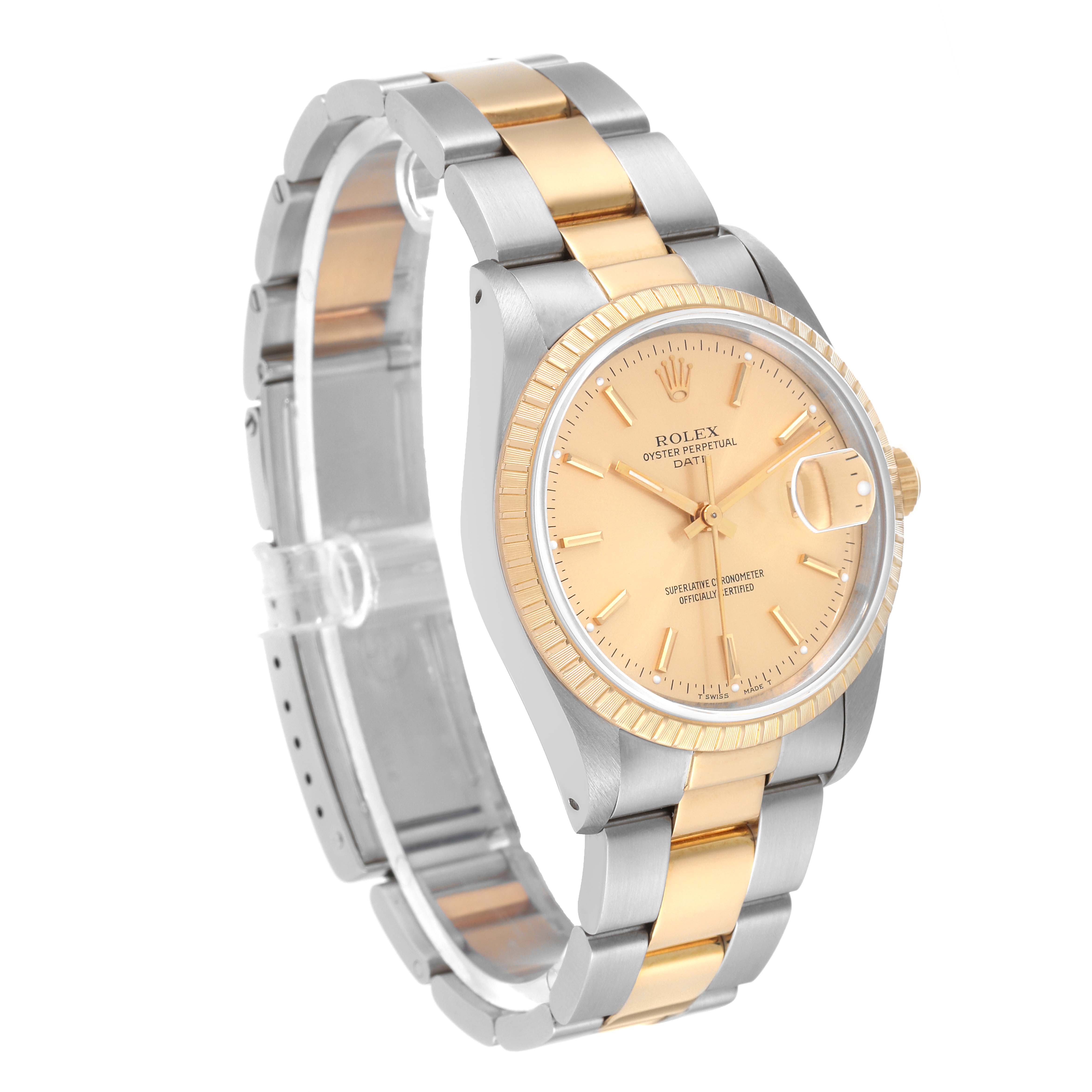 The image shows a front, slightly angled view of the Rolex Date 15223 Men's Steel and Gold (two tone) Champagne Dial 15223 Men's Steel and Gold (two tone) Champagne Dial model watch, highlighting its dial, bezel, and two-tone bracelet.