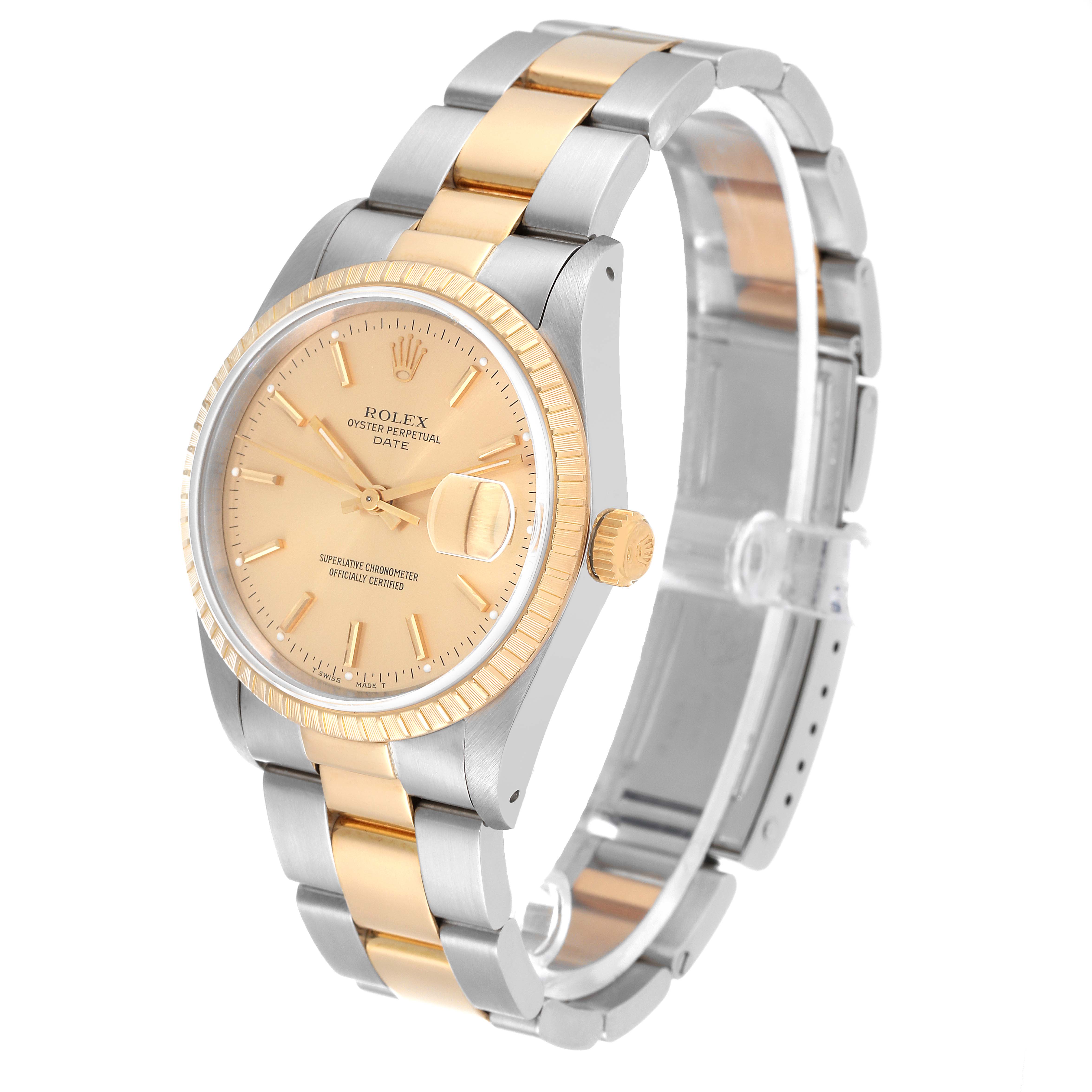 The Rolex Oyster Perpetual Date watch shown is at a three-quarter angle, displaying its face, bezel, crown, and bracelet.