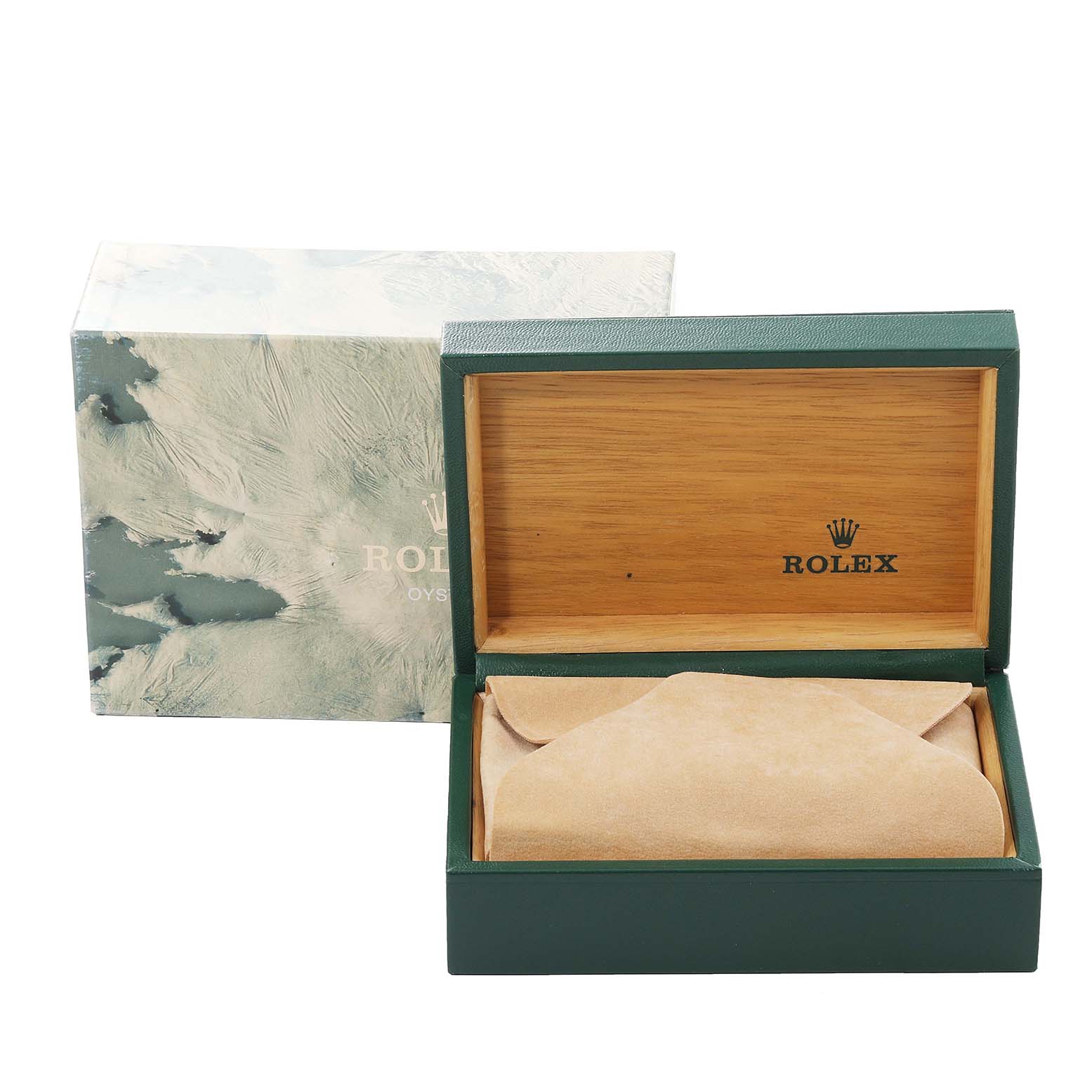 This image shows an open Rolex watch box for the Date model, displaying its green exterior, wooden interior, and beige cushion.