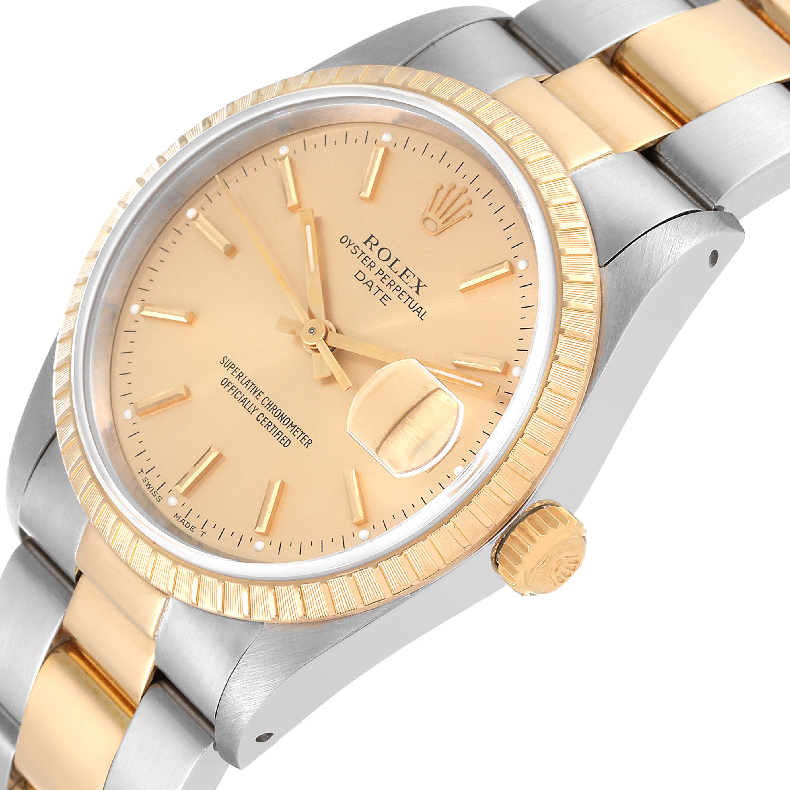 This image showcases a close-up, angled view of a Rolex Oyster Perpetual Date watch, featuring the dial, bezel, crown, and bracelet.