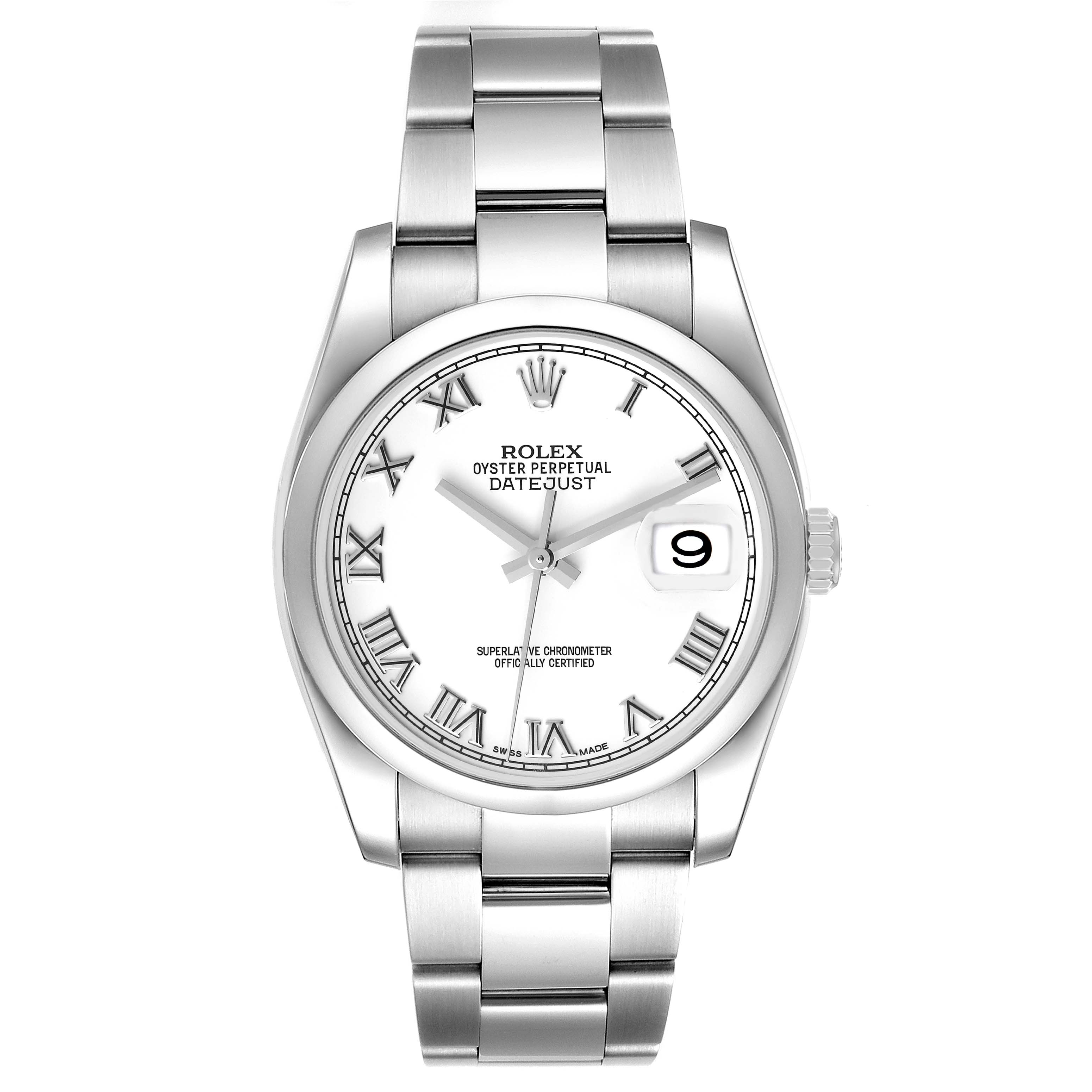 This image shows a Rolex Datejust 116200 Men's Stainless Steel White Dial 116200 Men's Stainless Steel White Dial watch from a front angle, highlighting its face, bezel, and bracelet.