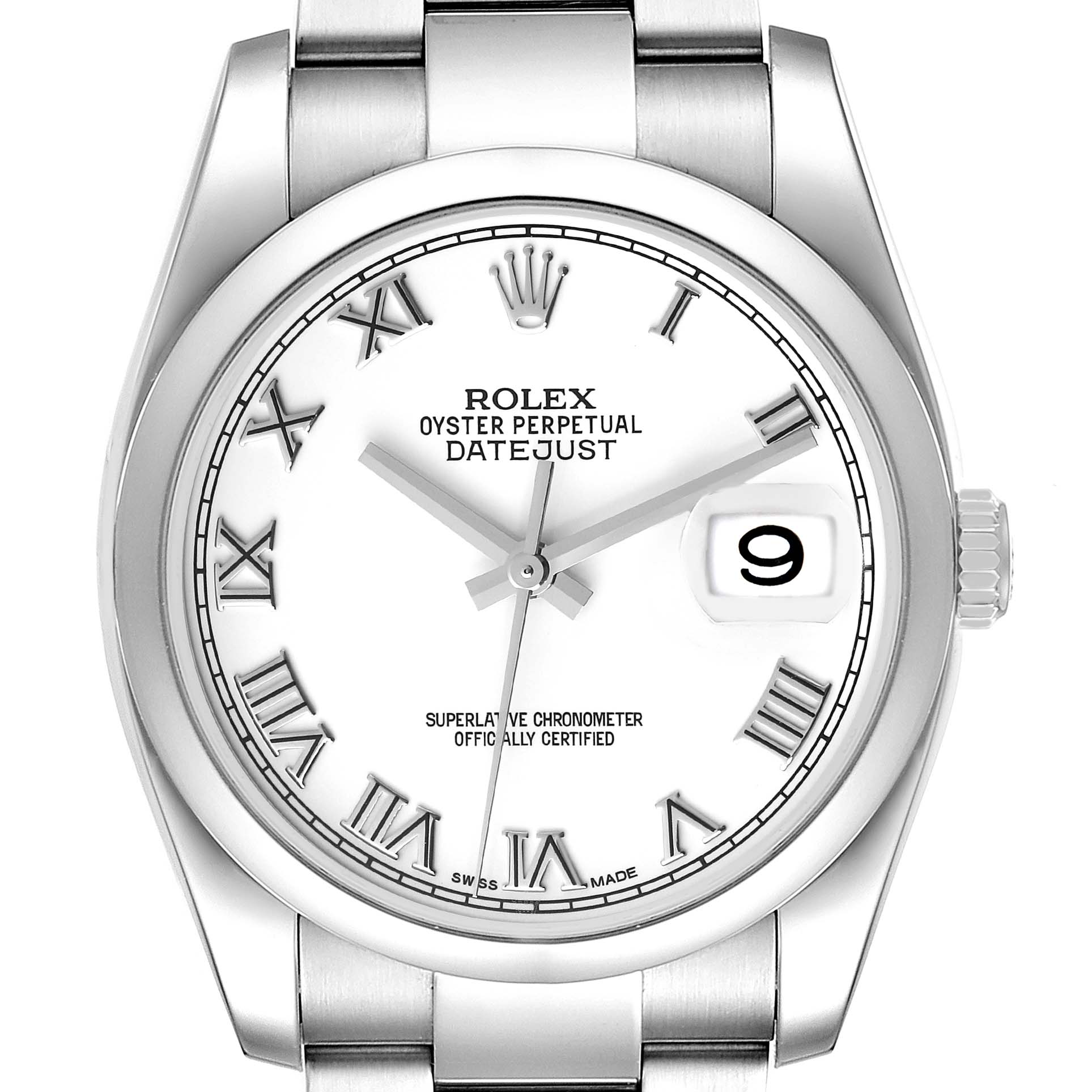 The image shows a frontal view of the Rolex Datejust 116200 Men's Stainless Steel White Dial 116200 Men's Stainless Steel White Dial watch, displaying its dial, case, and part of the bracelet.