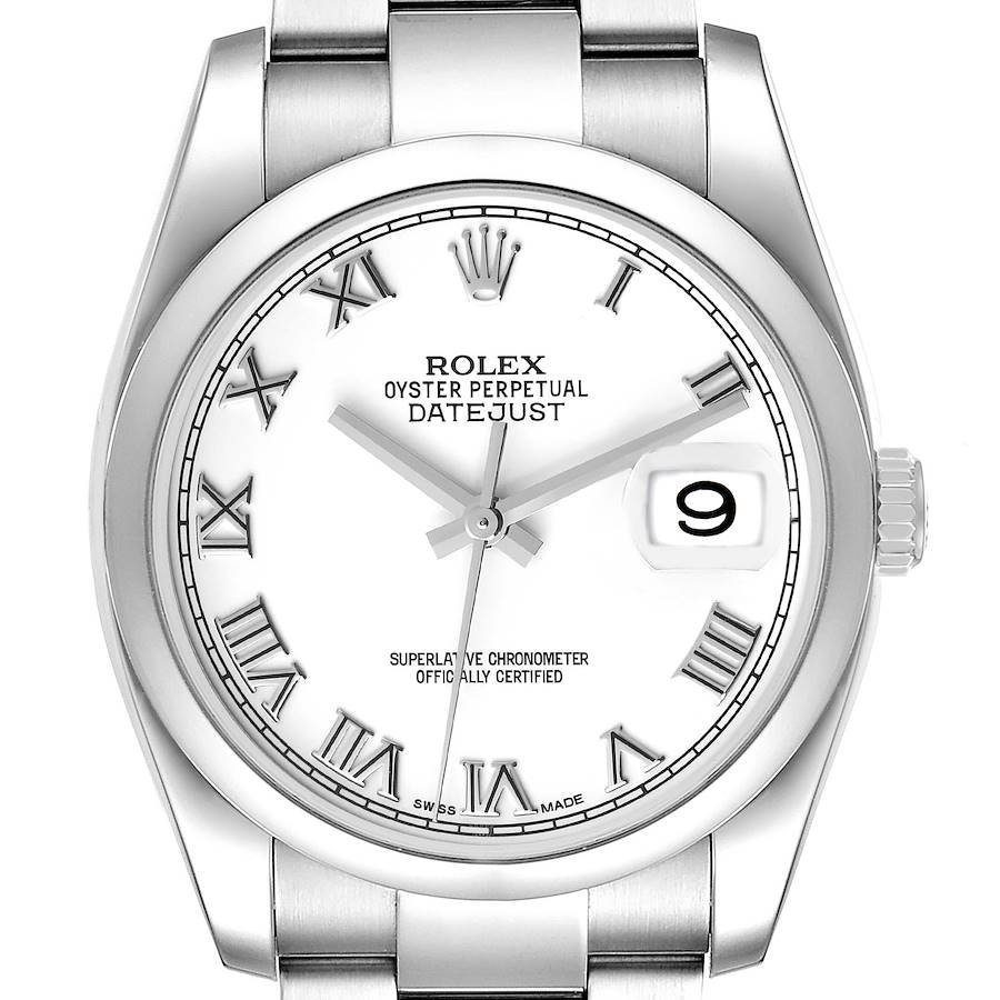 Rolex Datejust 36 White Roman Dial Smooth Bezel Steel Watch 116200 Box Card SwissWatchExpo