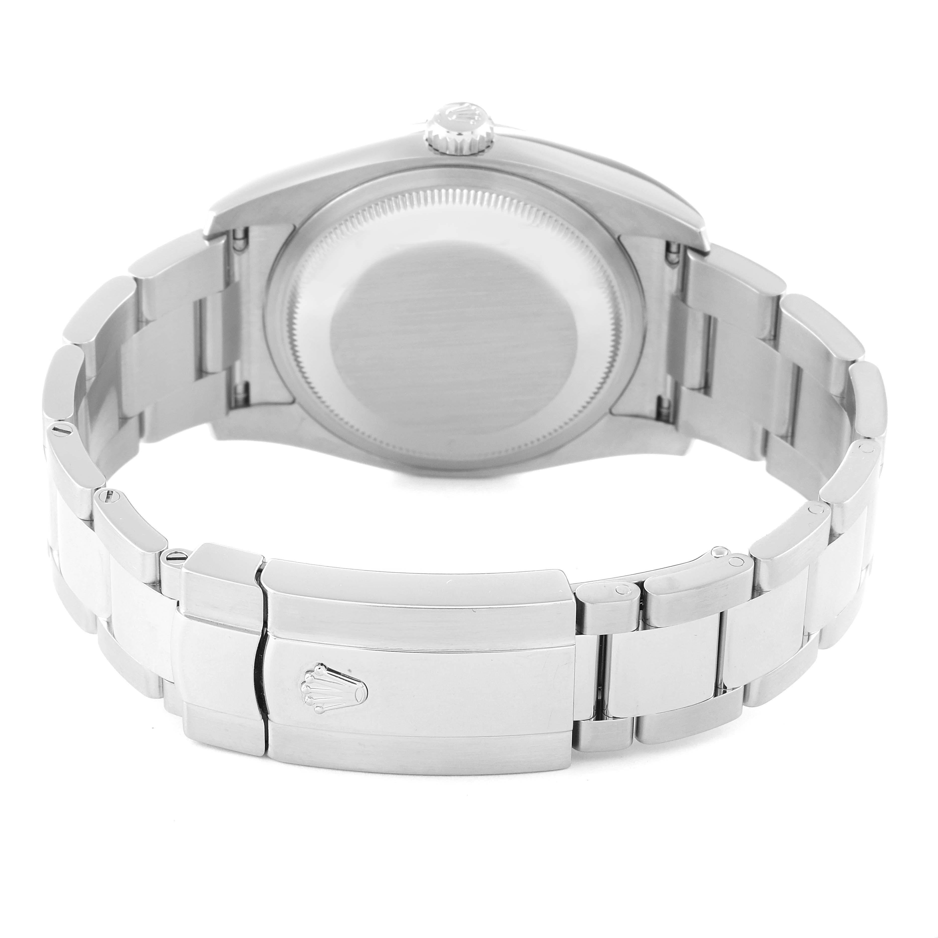 The image shows the back view of a Rolex Datejust 116200 Men's Stainless Steel White Dial 116200 Men's Stainless Steel White Dial watch, highlighting its case back and metal bracelet clasp.