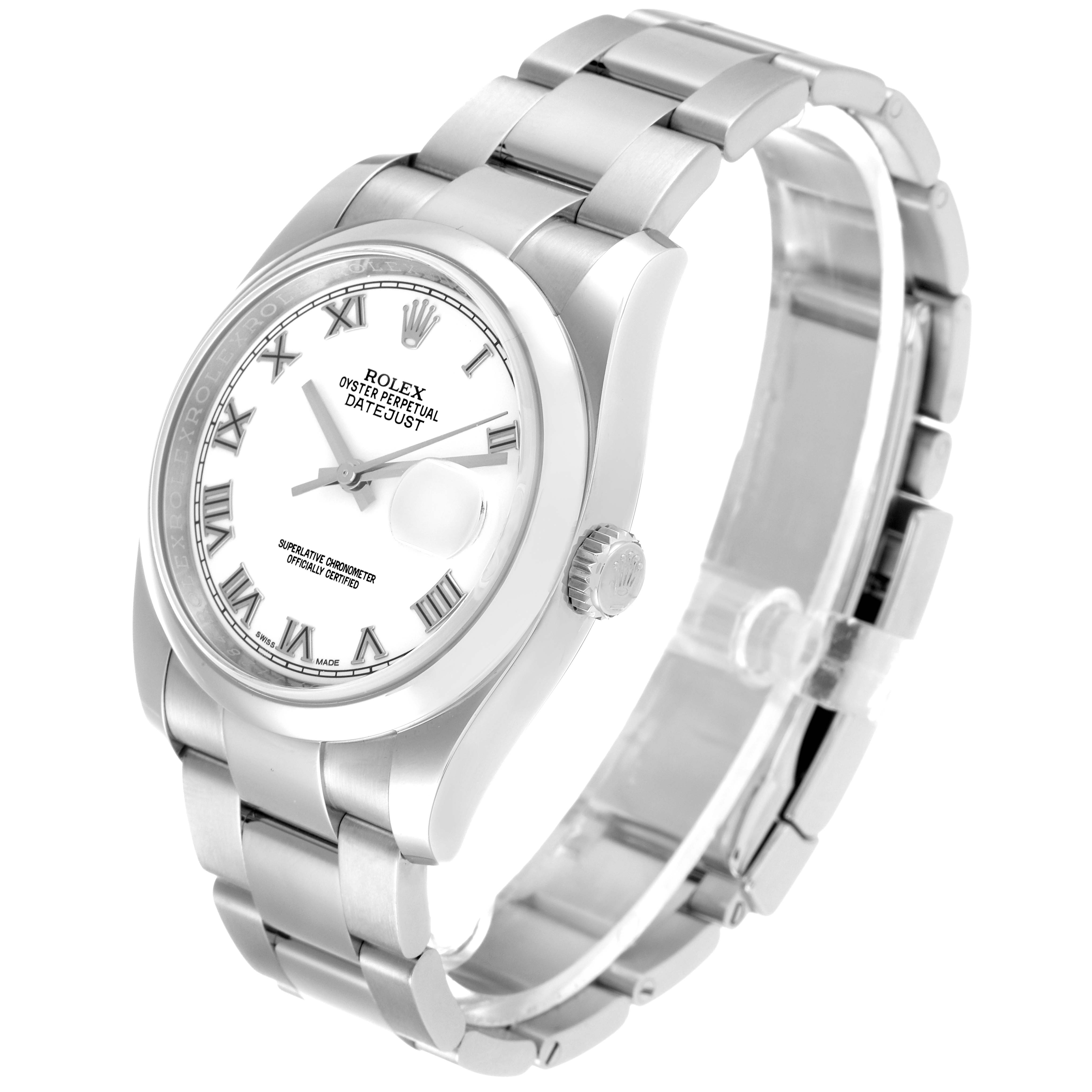 This image shows a Rolex Datejust 116200 Men's Stainless Steel White Dial 116200 Men's Stainless Steel White Dial watch at a slight angle, highlighting the dial, bezel, case, and bracelet.
