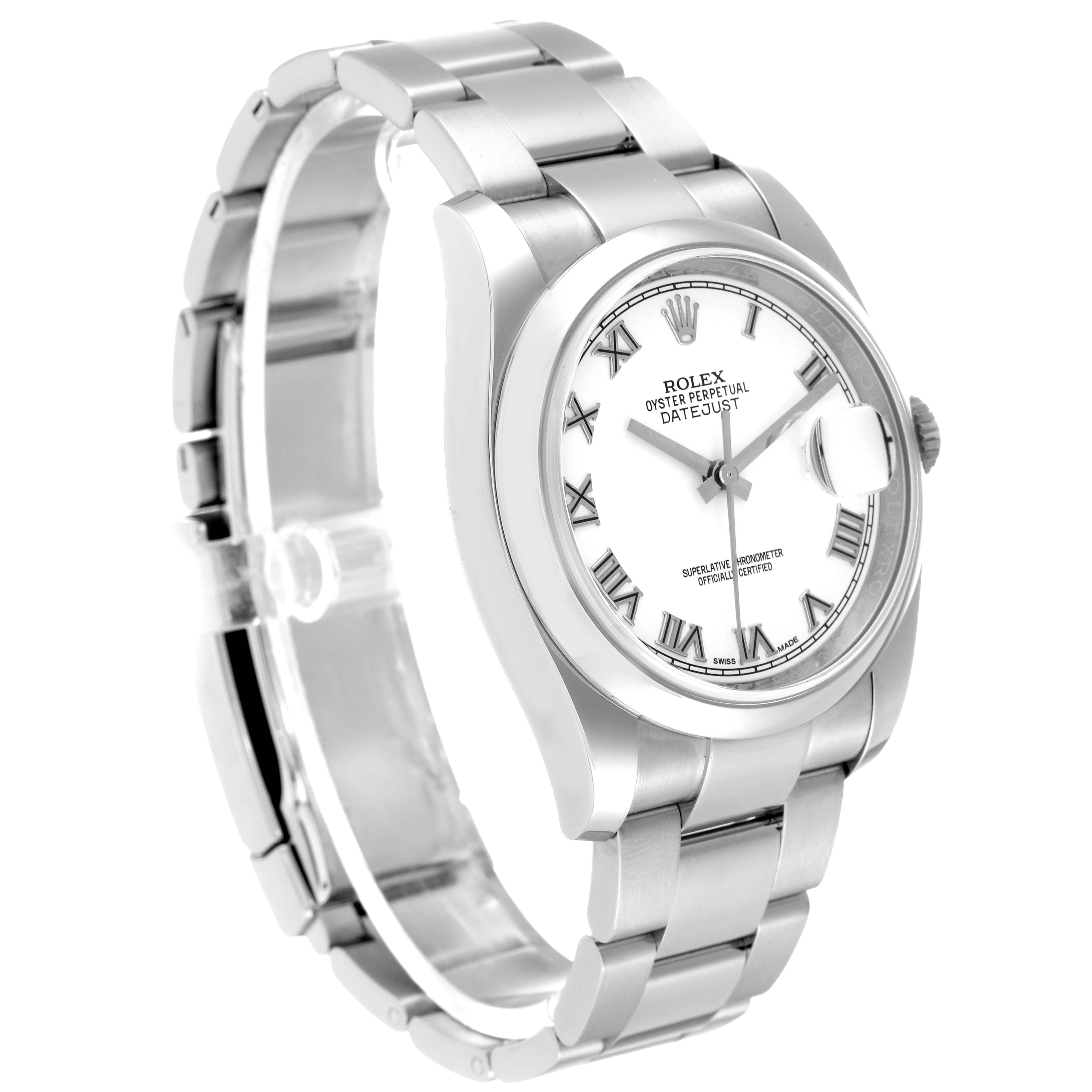The image shows a Rolex Datejust 116200 Men's Stainless Steel White Dial 116200 Men's Stainless Steel White Dial watch at a three-quarter angle, featuring its bracelet and white dial with Roman numerals.
