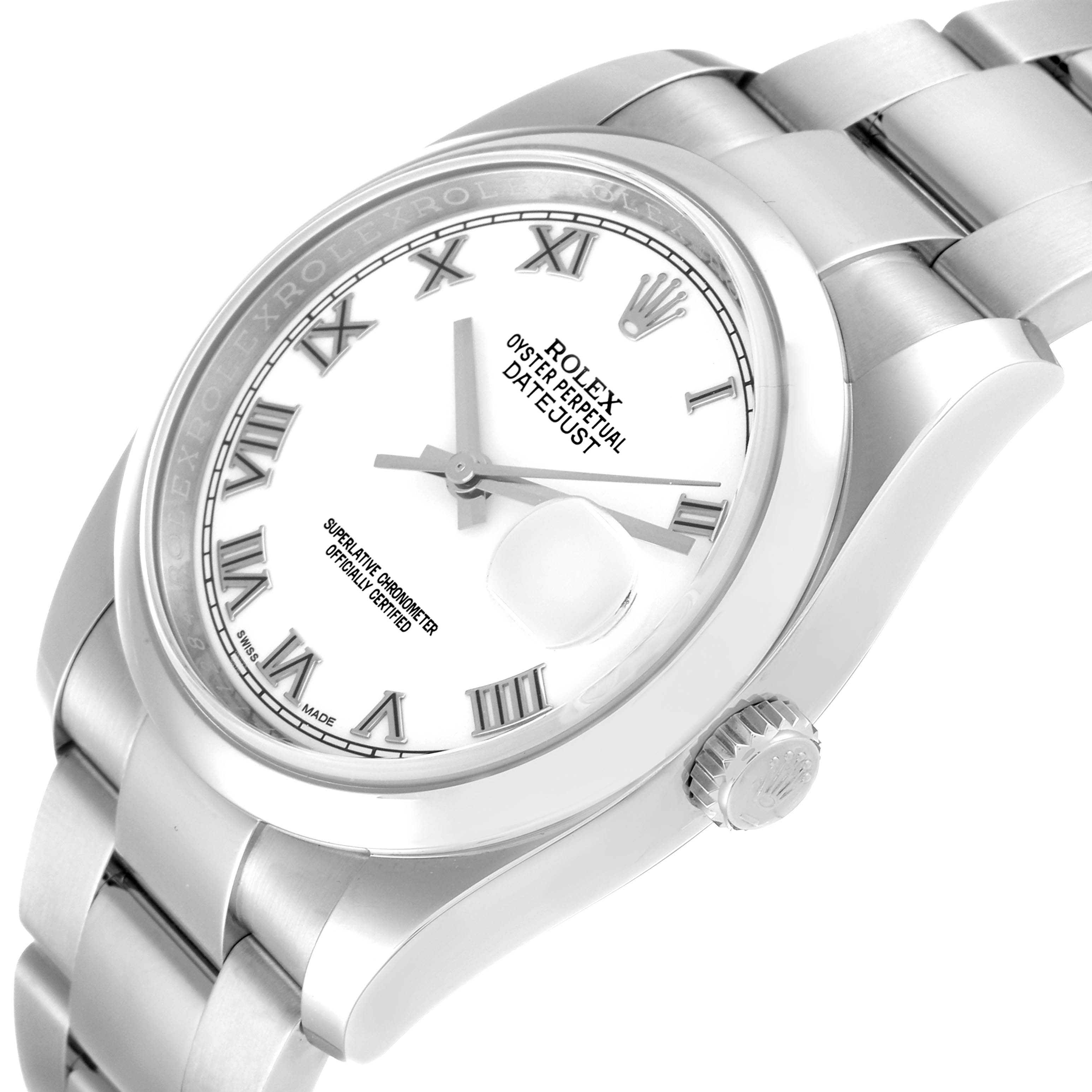 This Rolex Datejust 116200 Men's Stainless Steel White Dial 116200 Men's Stainless Steel White Dial watch is displayed from a three-quarter angle, showing the face, bezel, crown, and part of the bracelet.
