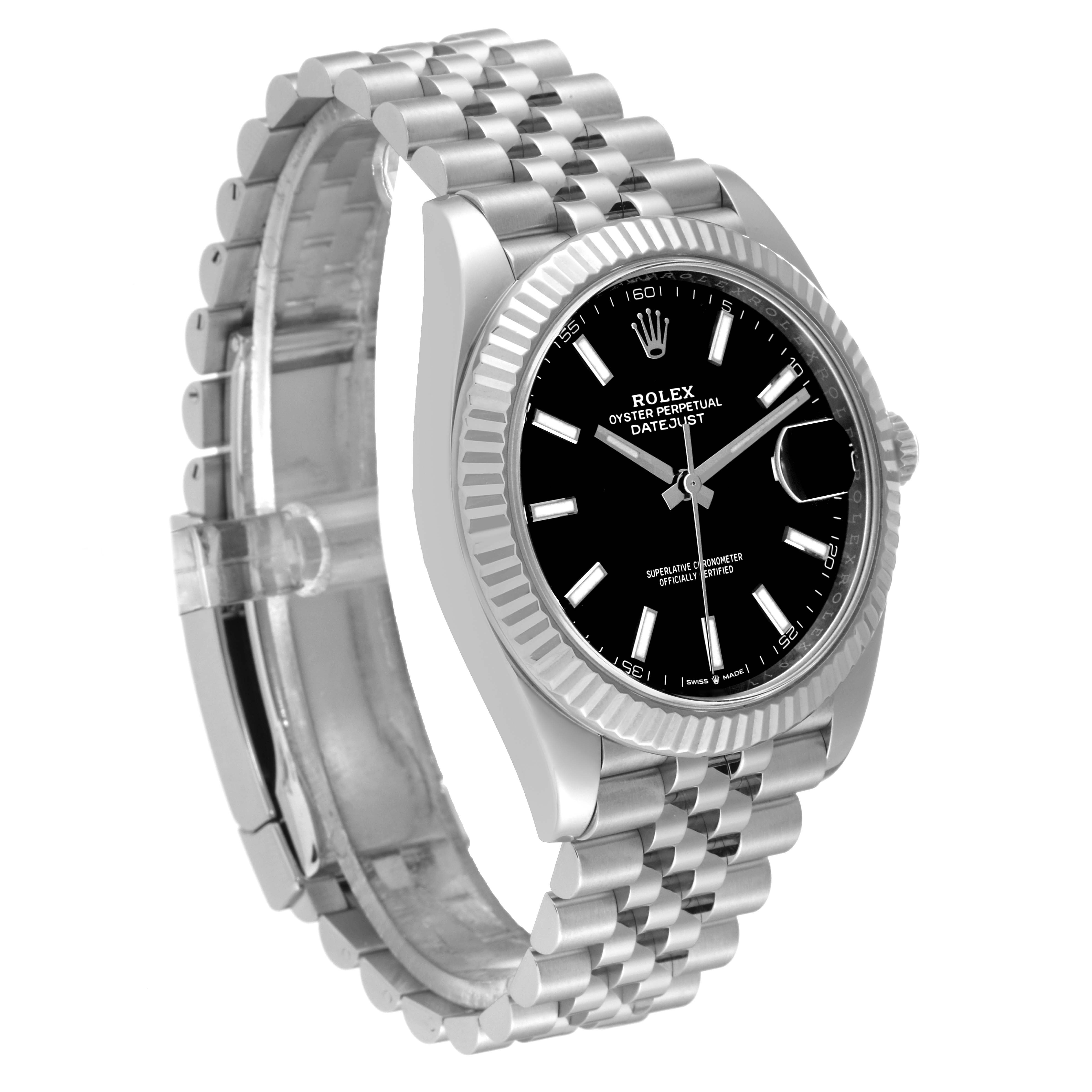 The image shows a Rolex Datejust 41 126334 Men
s Stainless Steel Black Dial 126334 Men
s Stainless Steel Black Dial watch at a 3/4 angle, highlighting the black dial, fluted bezel, and Jubilee bracelet.