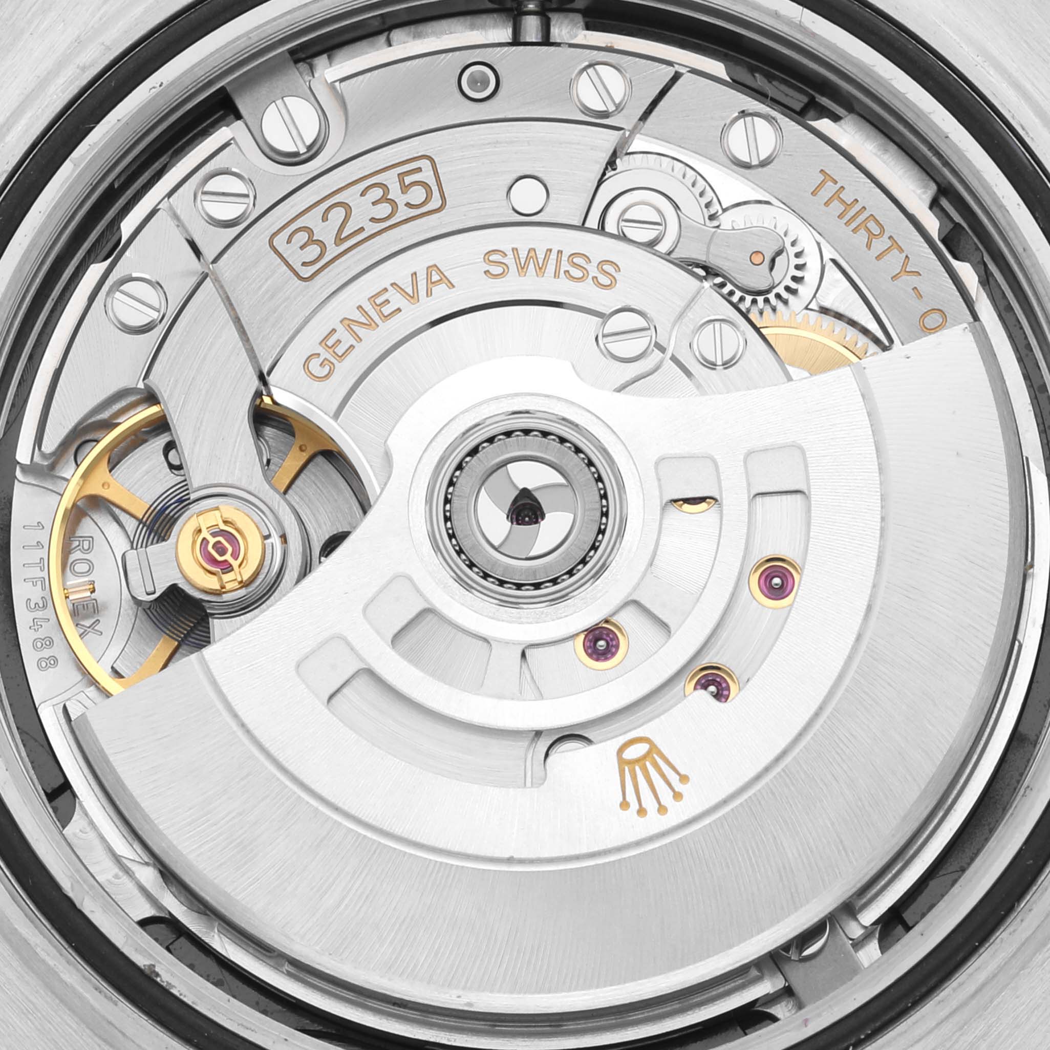 The image shows the movement mechanism of the Rolex Datejust 41 126334 Men
s Stainless Steel Black Dial 126334 Men
s Stainless Steel Black Dial watch, focusing on the Caliber 3235.