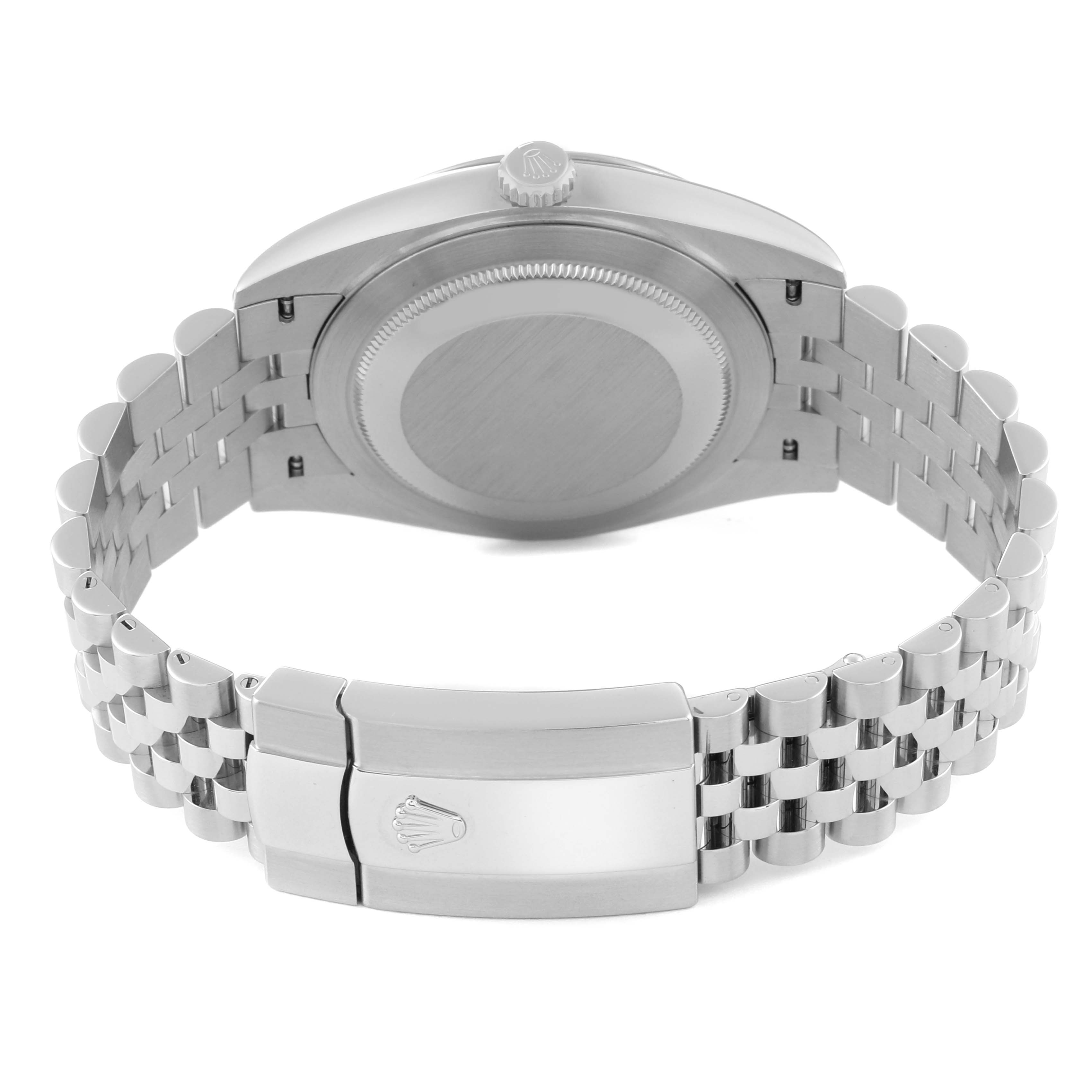 This image shows the back view of the Rolex Datejust 41 126334 Men
s Stainless Steel Black Dial 126334 Men
s Stainless Steel Black Dial watch, highlighting the case back, bracelet, and clasp.