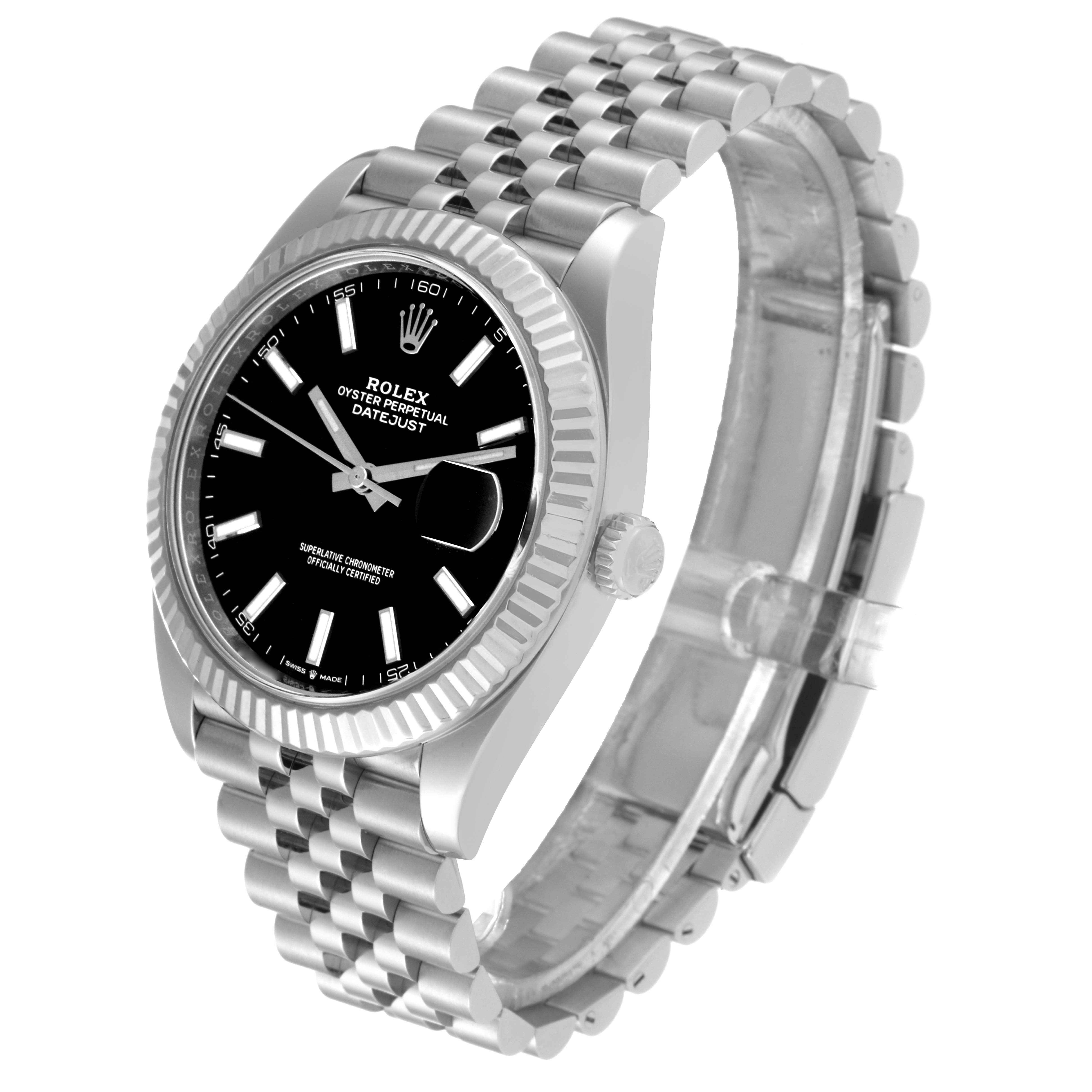 The image shows a Rolex Datejust 41 126334 Men
s Stainless Steel Black Dial 126334 Men
s Stainless Steel Black Dial watch at an angled view, highlighting the black dial, fluted bezel, and Jubilee bracelet.