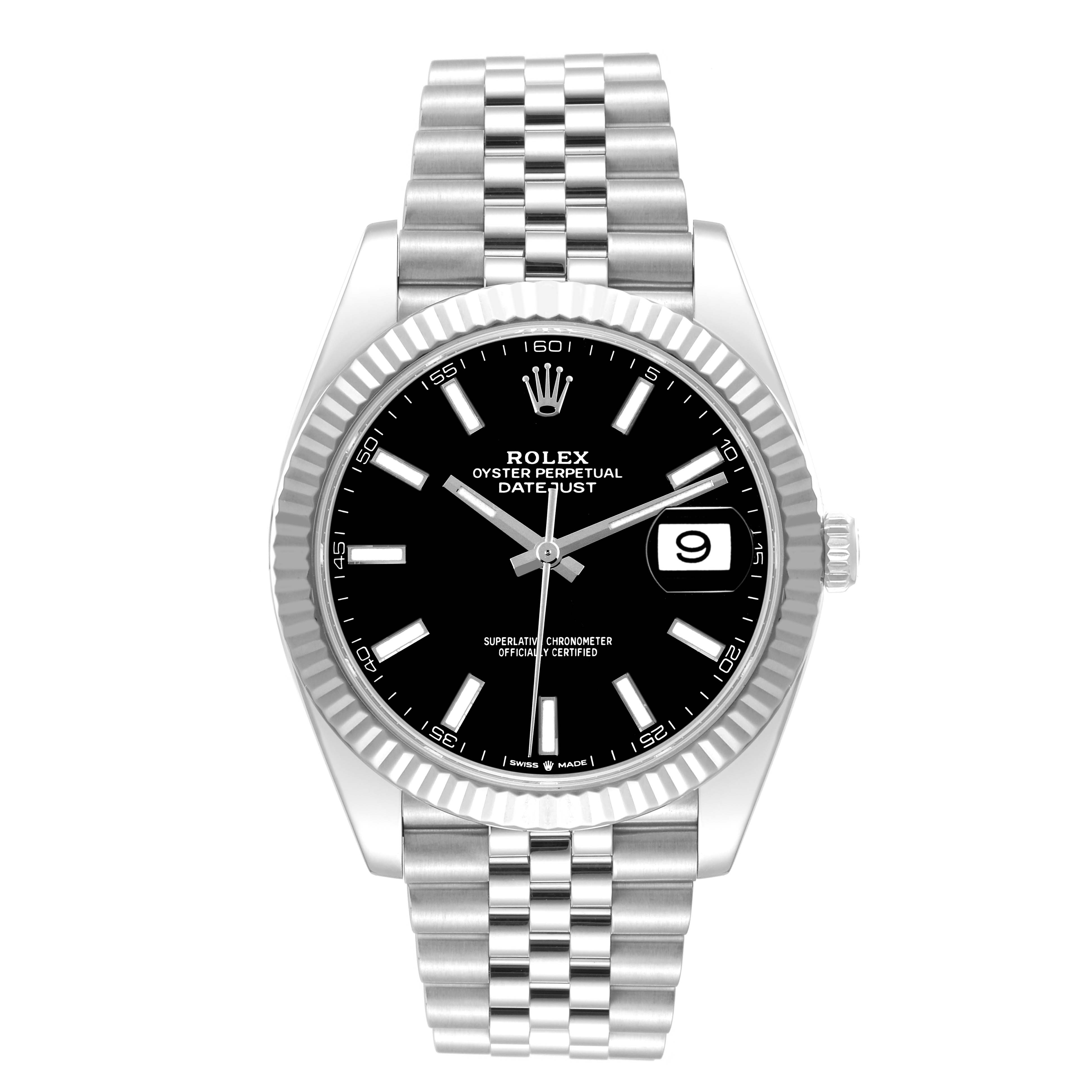 The image shows a front view of the Rolex Datejust 41 126334 Men
s Stainless Steel Black Dial 126334 Men
s Stainless Steel Black Dial model with a black dial and a silver Jubilee bracelet.