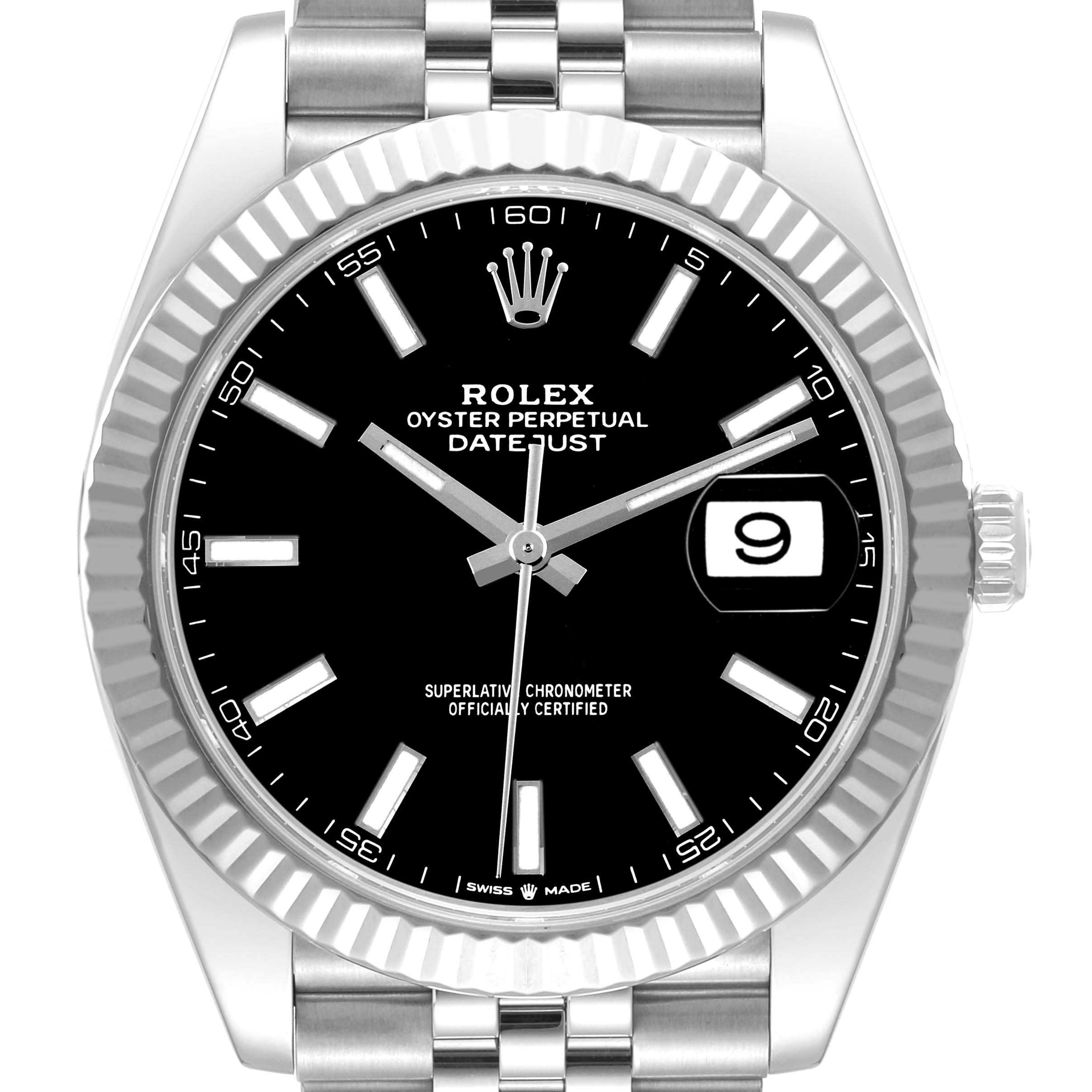 This image shows the front view of a Rolex Datejust 41 126334 Men
s Stainless Steel Black Dial 126334 Men
s Stainless Steel Black Dial watch, highlighting its black dial, fluted bezel, and date window.