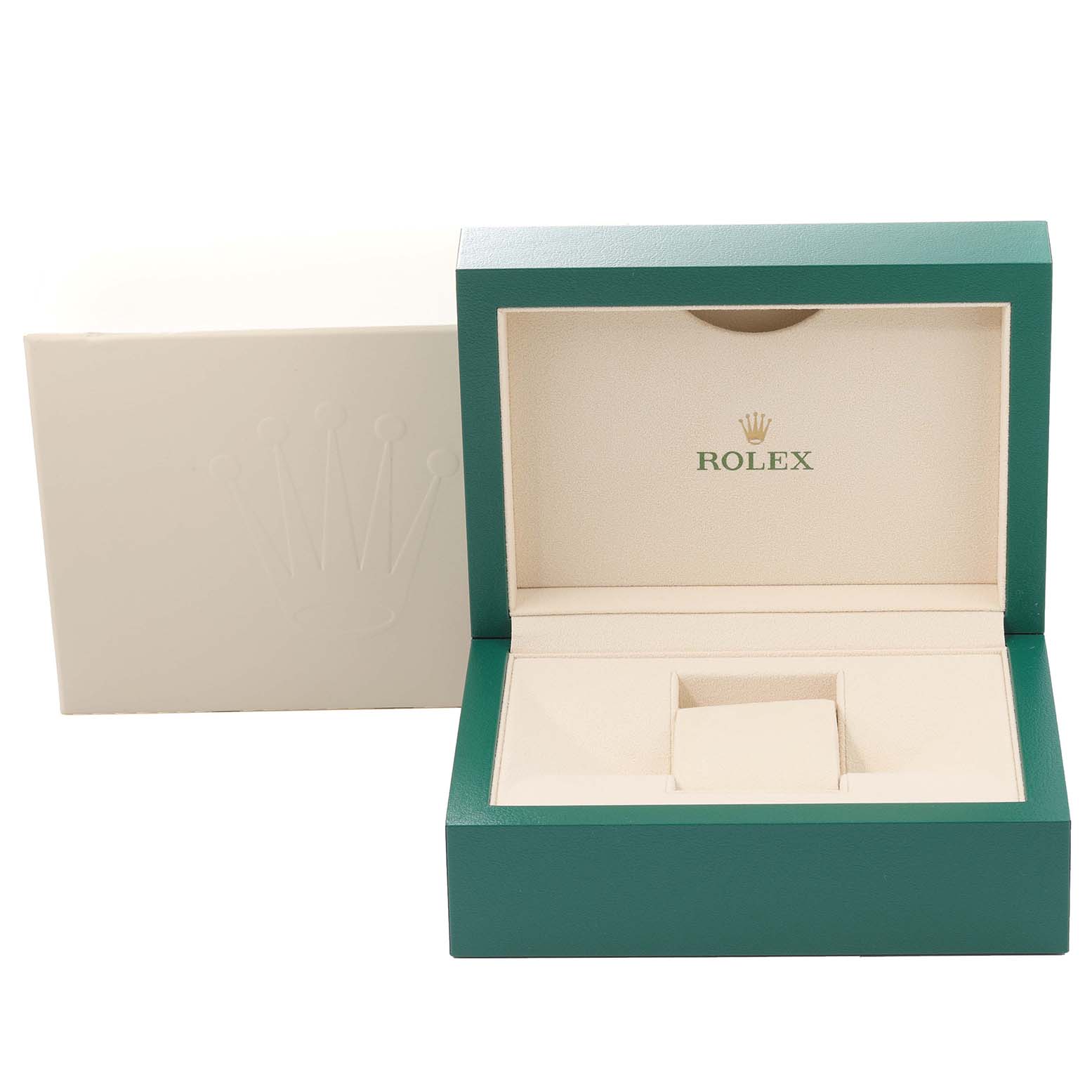 The image shows an open green and beige Rolex Datejust 41 126334 Men
s Stainless Steel Black Dial 126334 Men
s Stainless Steel Black Dial watch box with the Rolex logo inside.