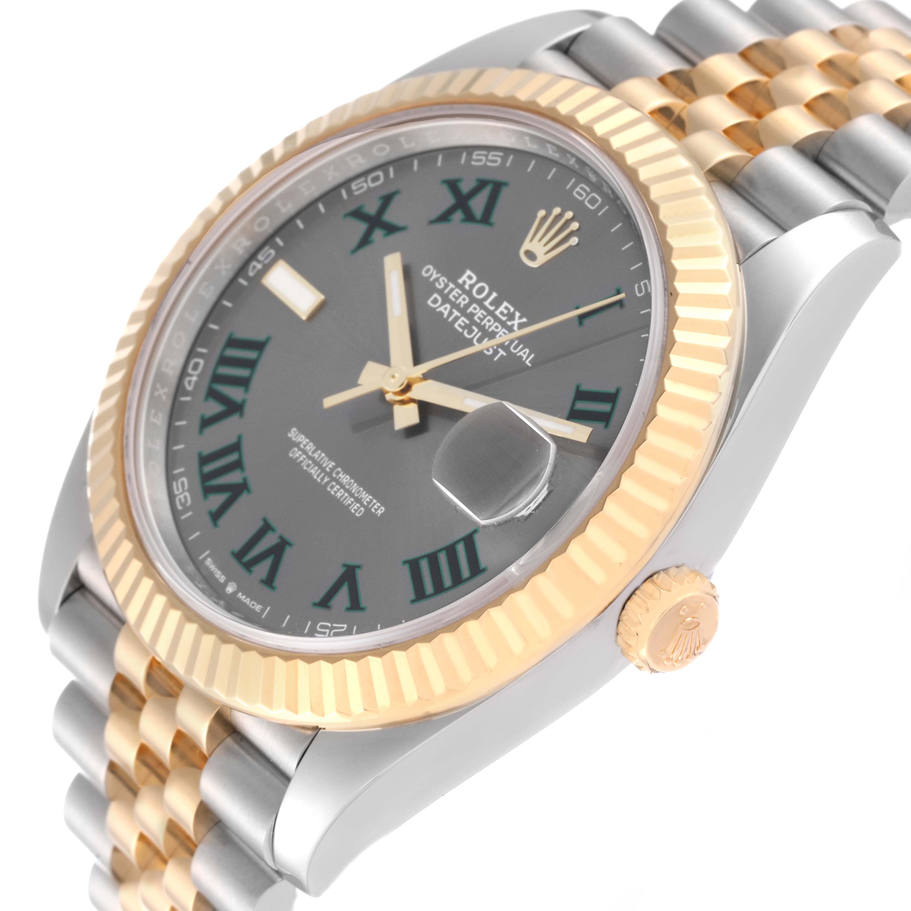 The image shows a close-up of the Rolex Datejust 41 126333 Men's Steel and Gold (two tone) Grey Dial 126333 Men's Steel and Gold (two tone) Grey Dial watch, highlighting its face, fluted bezel, and part of the bracelet.
