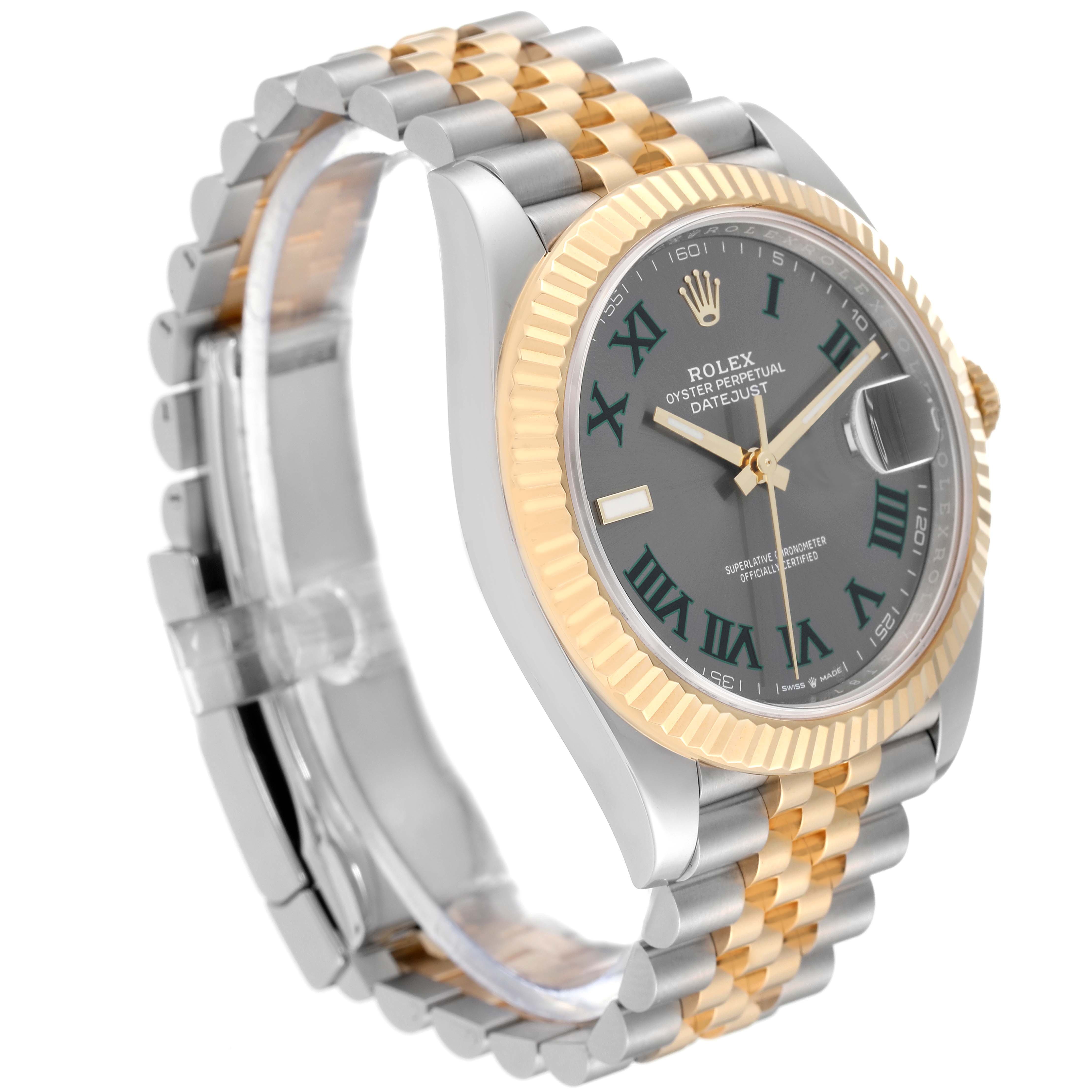 The Rolex Datejust 41 126333 Men's Steel and Gold (two tone) Grey Dial 126333 Men's Steel and Gold (two tone) Grey Dial watch is shown at an angled side view, highlighting its two-tone bracelet, fluted bezel, and dark dial.