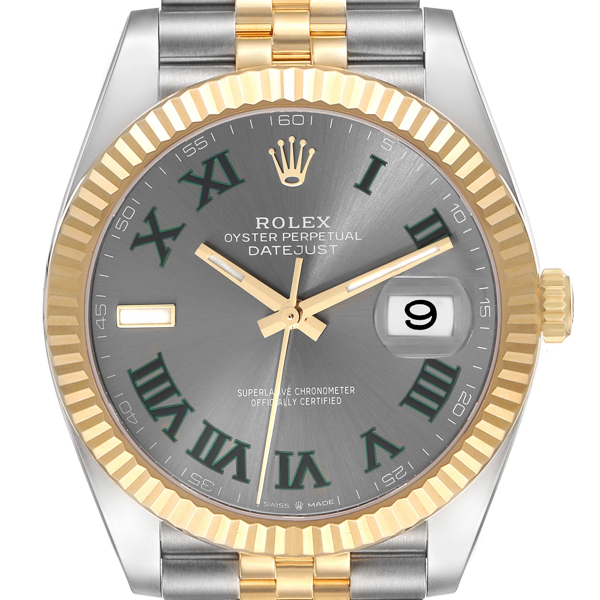 This image shows a close-up front view of a Rolex Datejust 41 126333 Men's Steel and Gold (two tone) Grey Dial 126333 Men's Steel and Gold (two tone) Grey Dial watch, featuring a two-tone bracelet, fluted bezel, and date display.