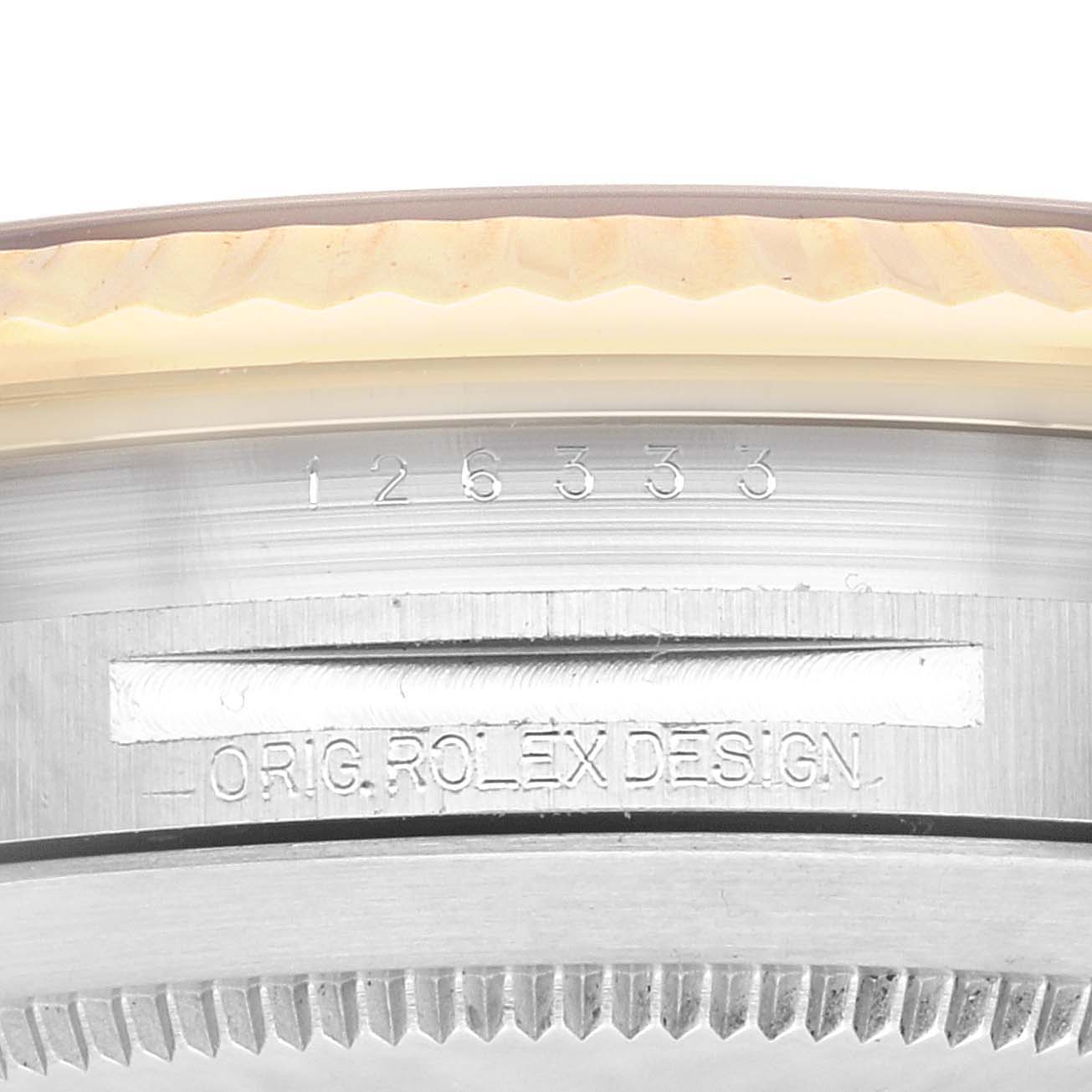 This image shows a close-up of the case side with engraved model "126333" on a Rolex Datejust 41 126333 Men's Steel and Gold (two tone) Grey Dial 126333 Men's Steel and Gold (two tone) Grey Dial watch.