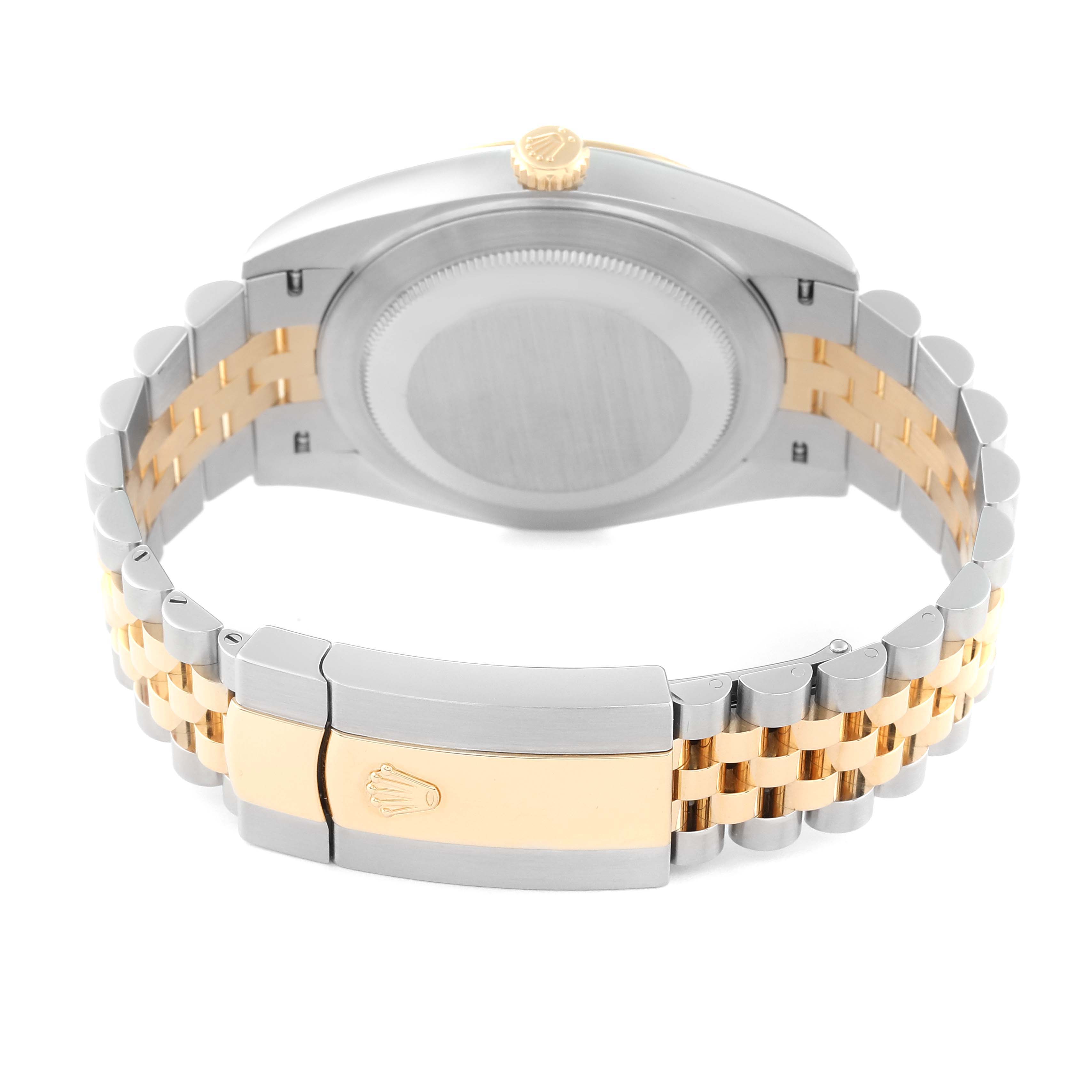 The image shows the back view of the Rolex Datejust 41 126333 Men's Steel and Gold (two tone) Grey Dial 126333 Men's Steel and Gold (two tone) Grey Dial, focusing on the case back and two-tone bracelet with the clasp.