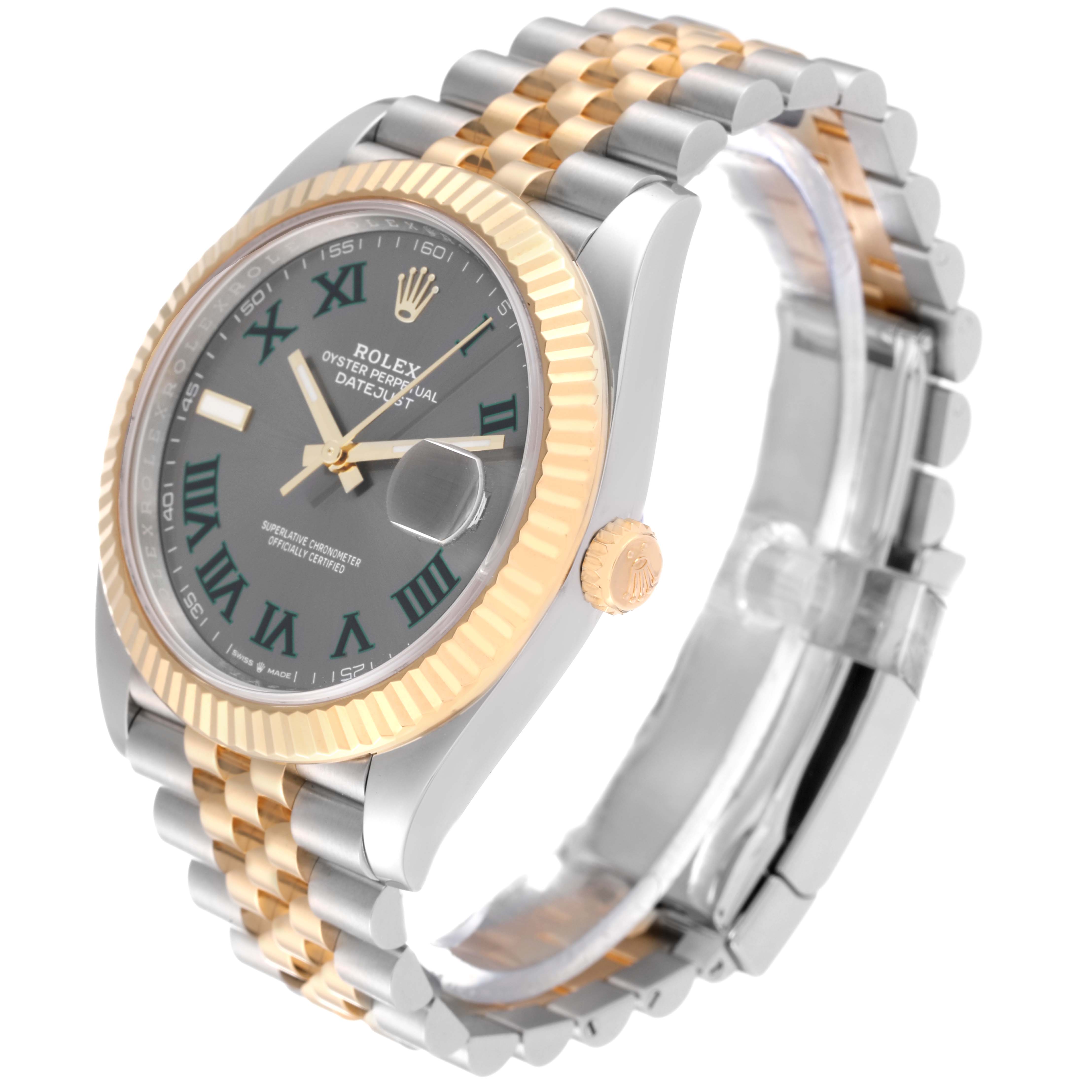 The Rolex Datejust 41 126333 Men's Steel and Gold (two tone) Grey Dial 126333 Men's Steel and Gold (two tone) Grey Dial watch is shown at a three-quarter angle, highlighting its dial, bezel, crown, and bracelet.