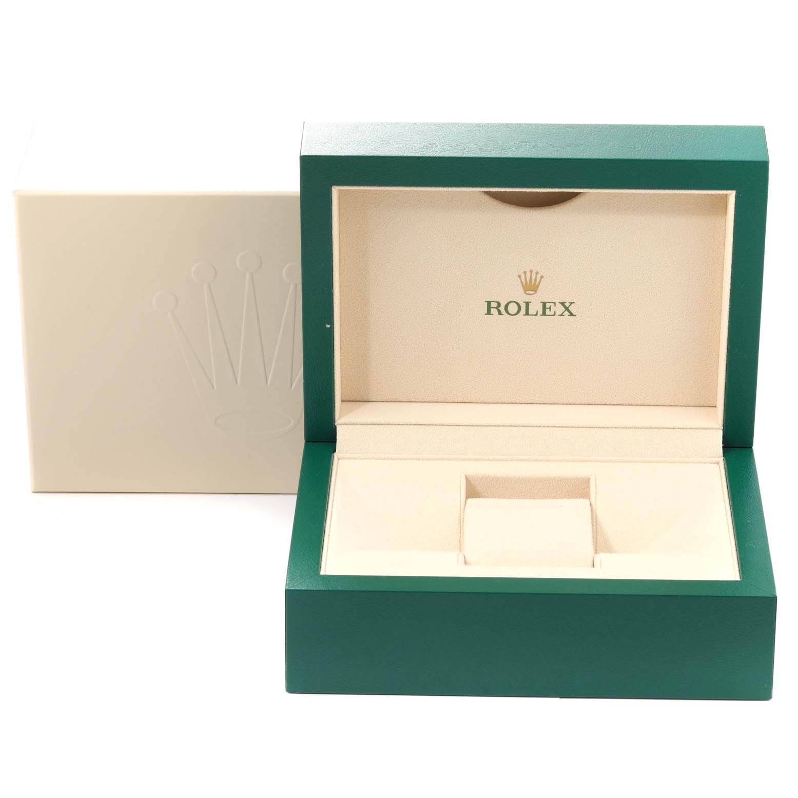 This image shows an open green and beige Rolex watch box for the Datejust 41 model, with the logo visible inside.