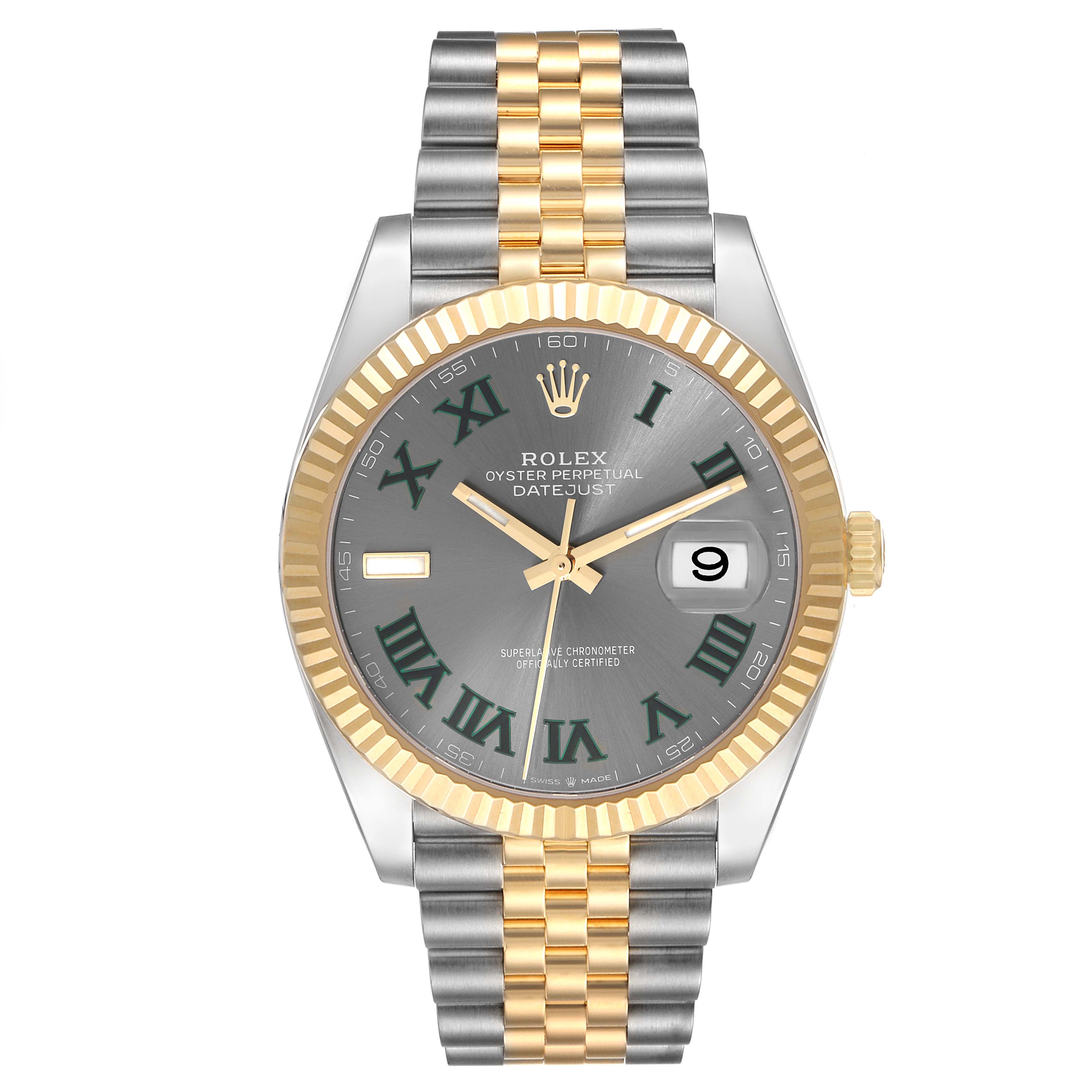 The image shows a frontal view of a Rolex Datejust 41 126333 Men's Steel and Gold (two tone) Grey Dial 126333 Men's Steel and Gold (two tone) Grey Dial watch, highlighting its two-tone bracelet, fluted bezel, and date window.
