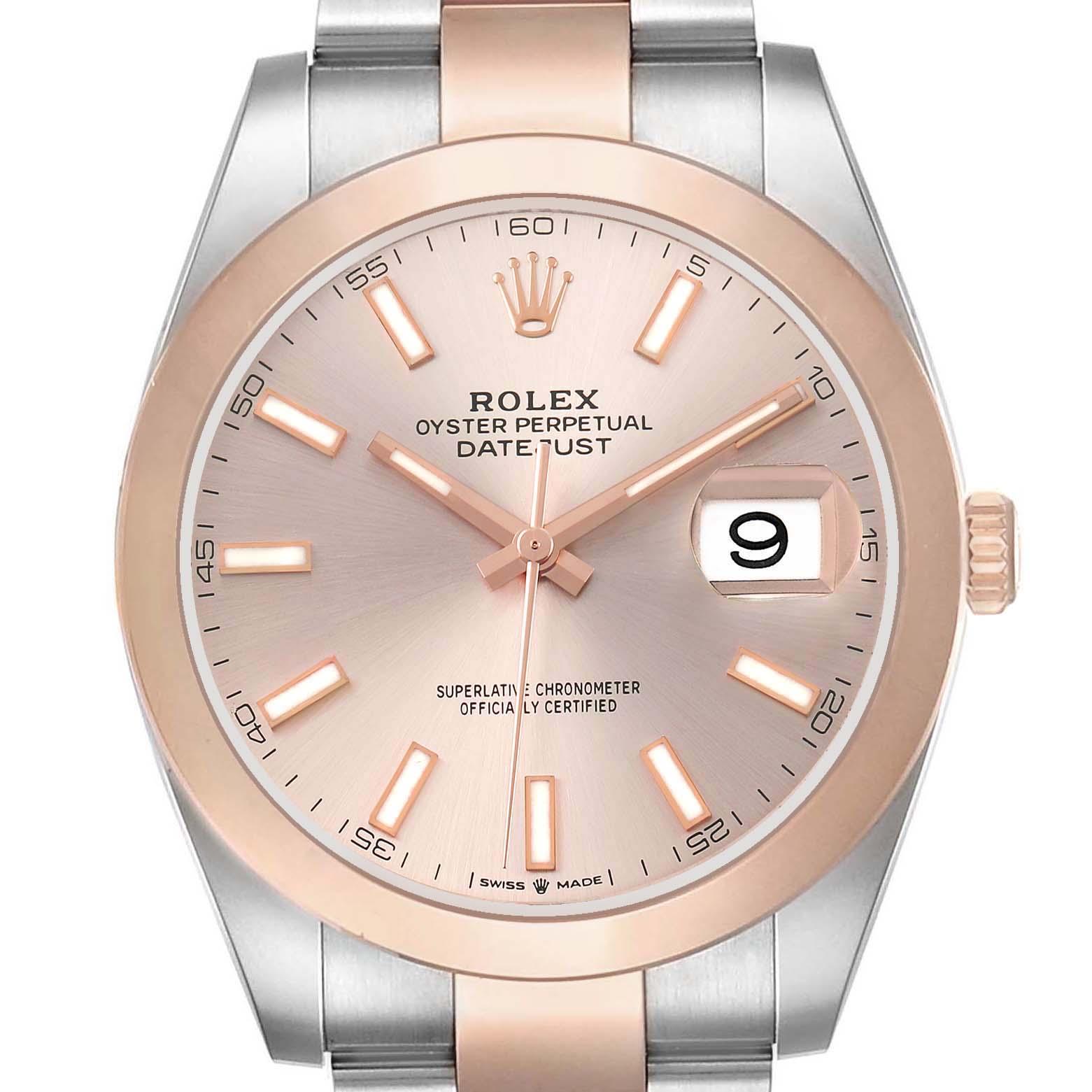 The Rolex Datejust 41 126301 Men's Steel and Gold (two tone) Pink Dial is shown from a top-down angle, featuring the dial, hands, bezel, and partial bracelet.