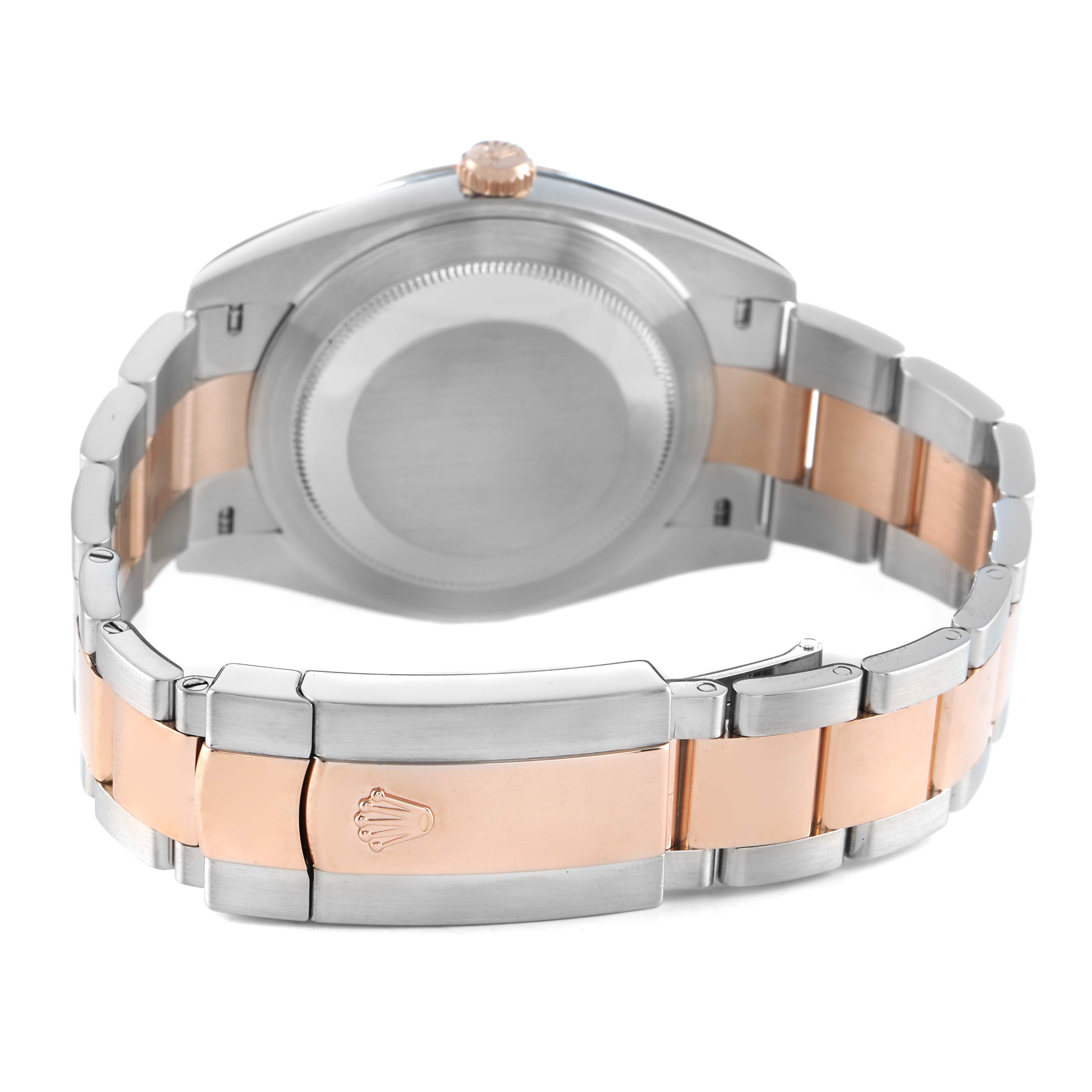 The image shows the back and clasp of a Rolex Datejust 41 126301 Men's Steel and Gold (two tone) Pink Dial, highlighting its bicolored metal bracelet.