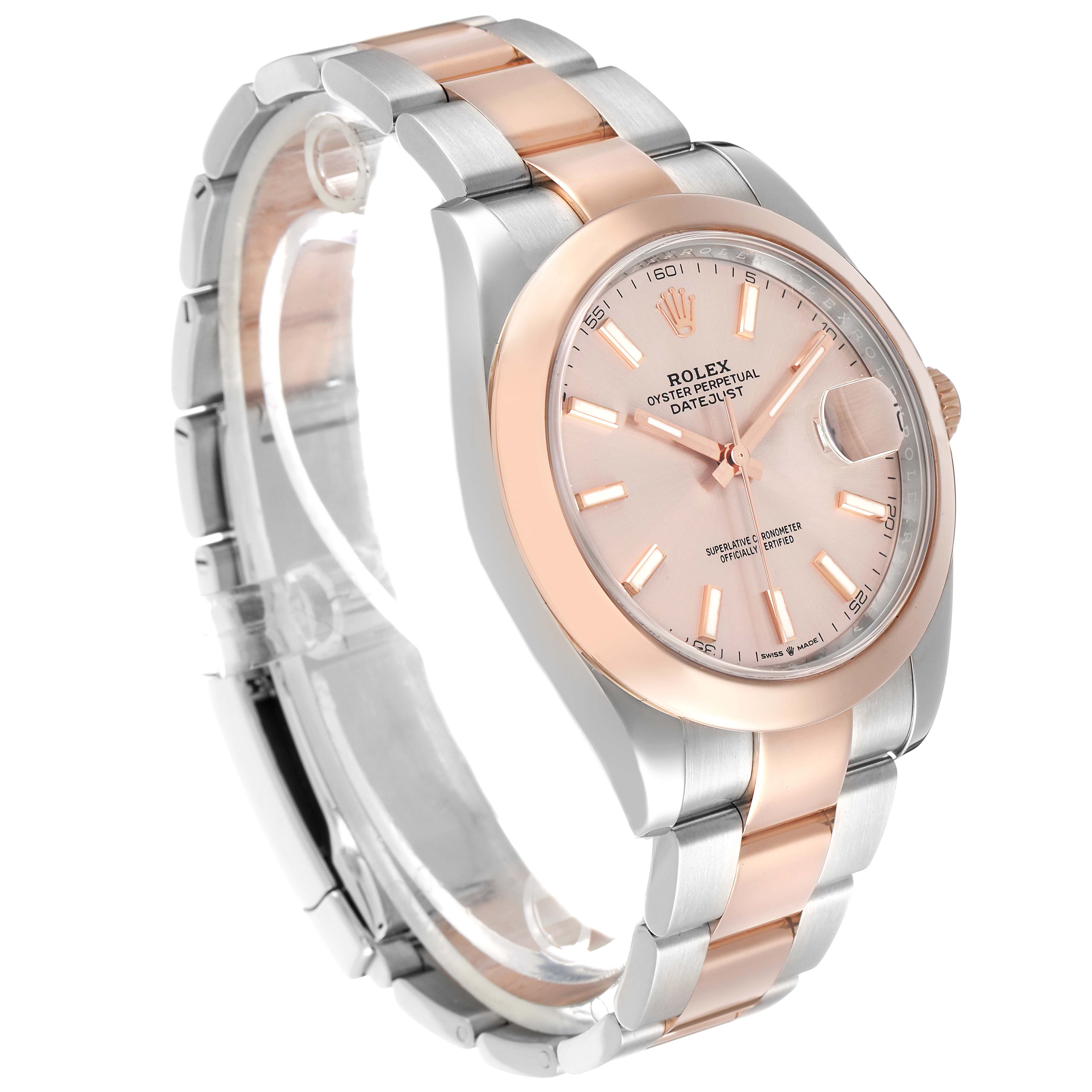 The Rolex Datejust 41 126301 Men's Steel and Gold (two tone) Pink Dial is shown at a three-quarter angle, highlighting its rose gold and stainless steel case and bracelet.