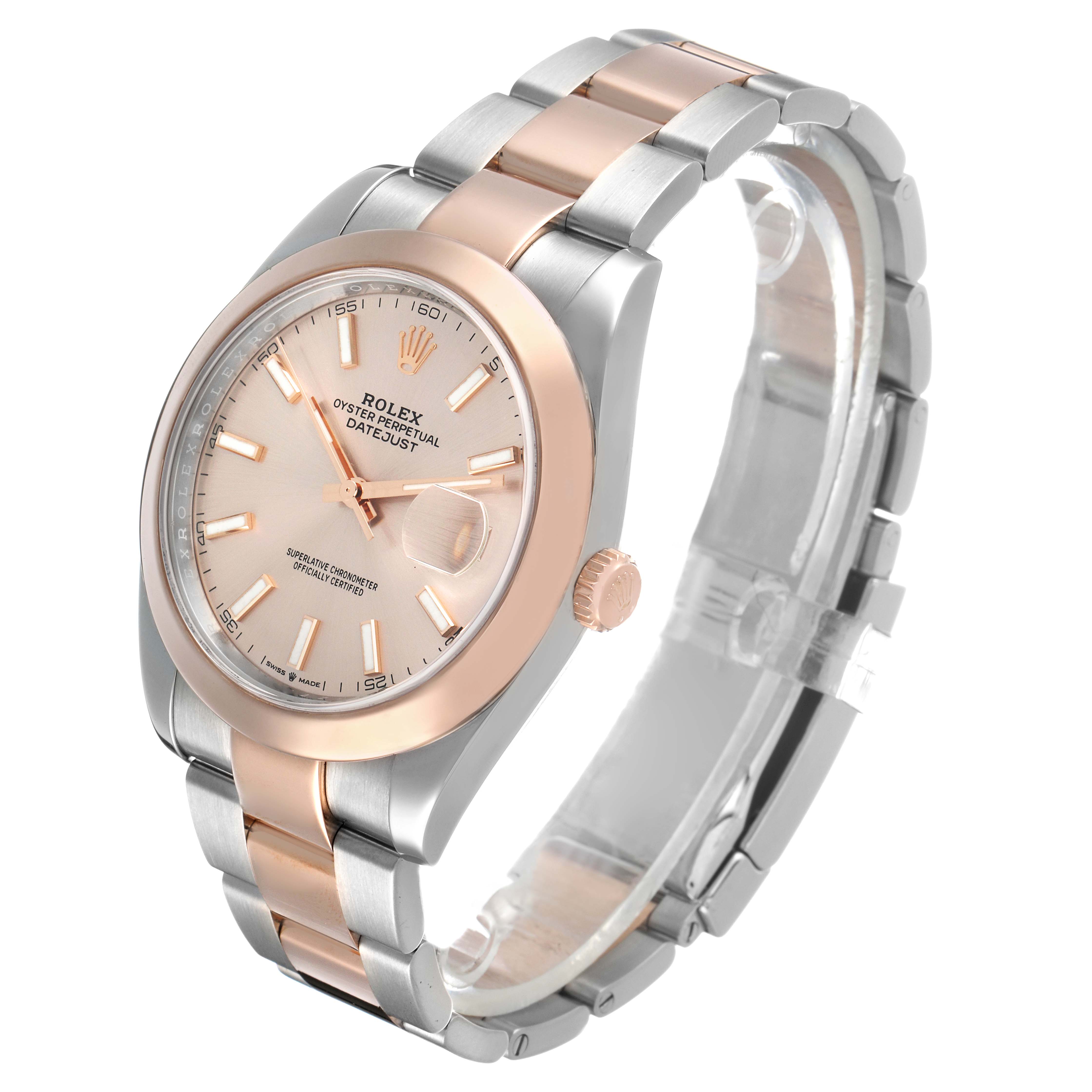 The Rolex Datejust 41 126301 Men's Steel and Gold (two tone) Pink Dial watch is shown from a three-quarter angle, highlighting the bezel, dial, bracelet, and crown.