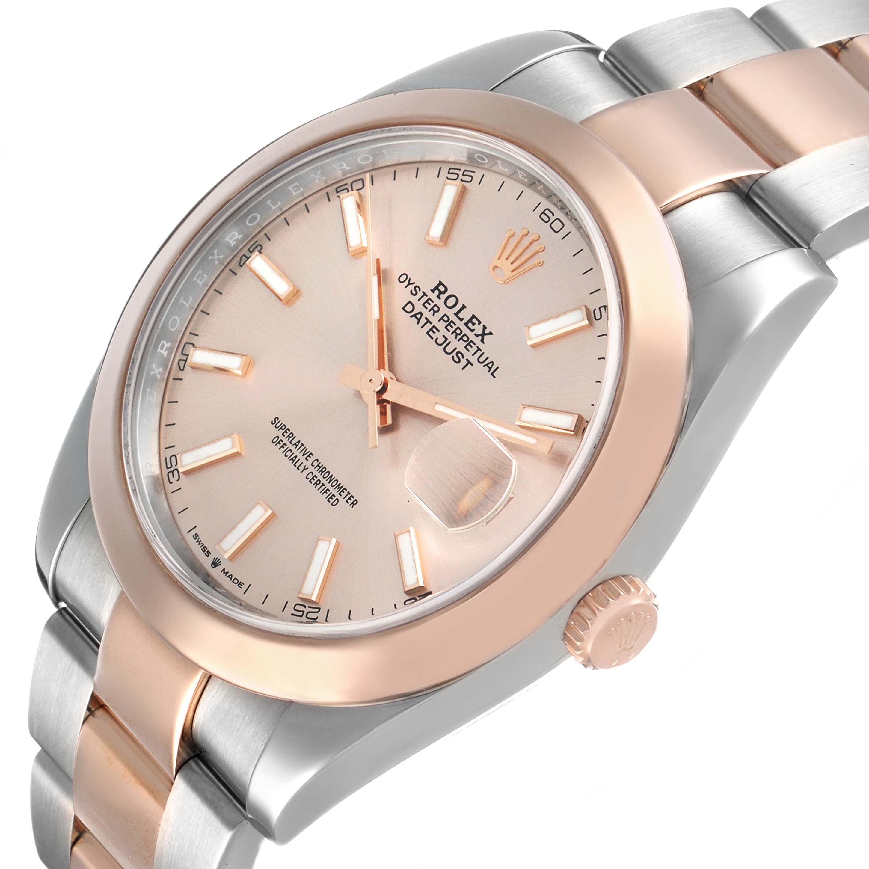 The Rolex Datejust 41 126301 Men's Steel and Gold (two tone) Pink Dial is shown at a slight angle, highlighting the face, bezel, crown, and part of the bracelet.