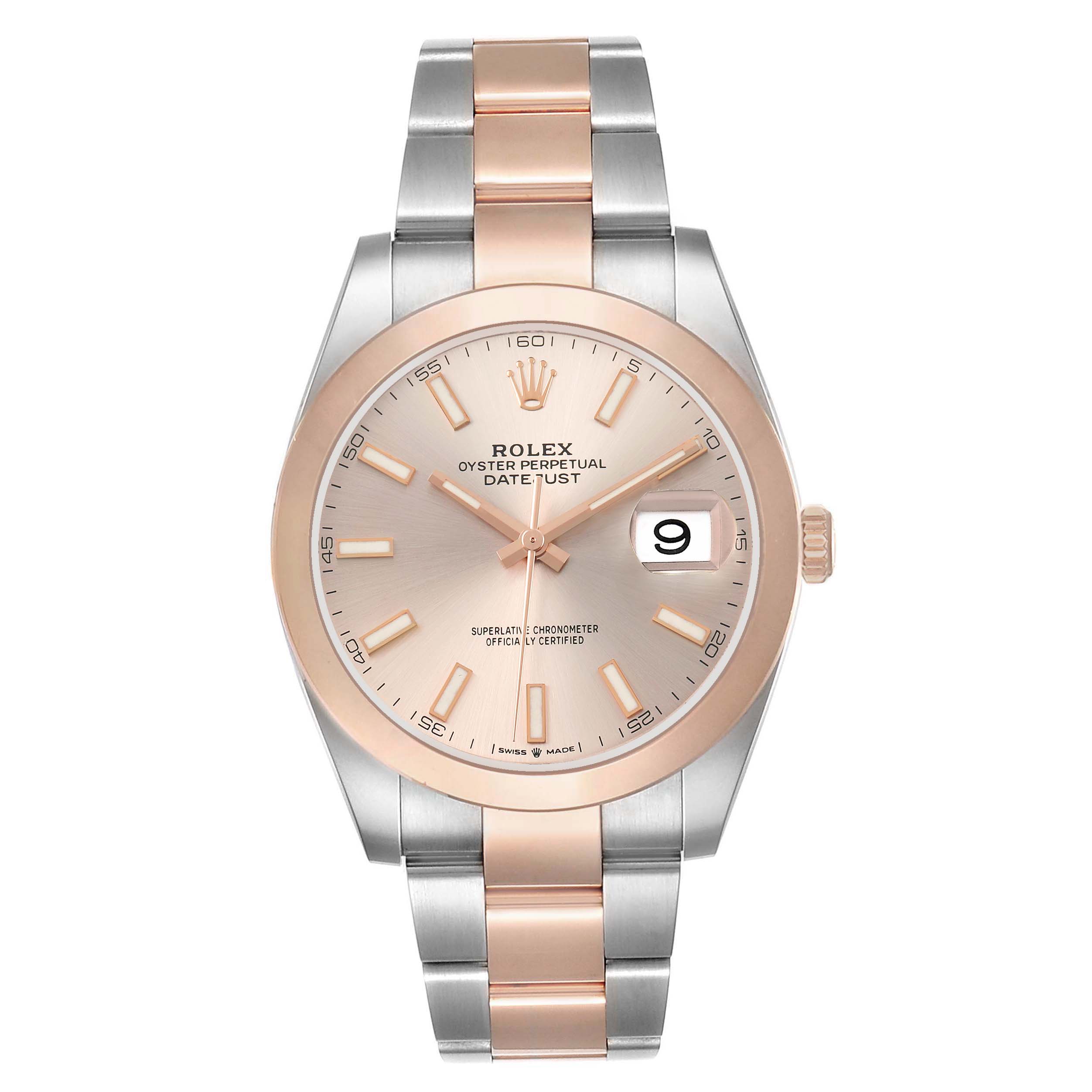 The image shows a front view of the Rolex Datejust 41 126301 Men's Steel and Gold (two tone) Pink Dial, displaying the dial, bezel, bracelet, and crown.