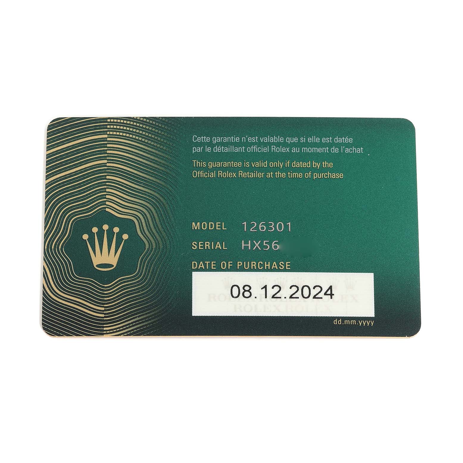 The image shows a Rolex warranty card for the Datejust 41 model, displaying model and serial numbers.