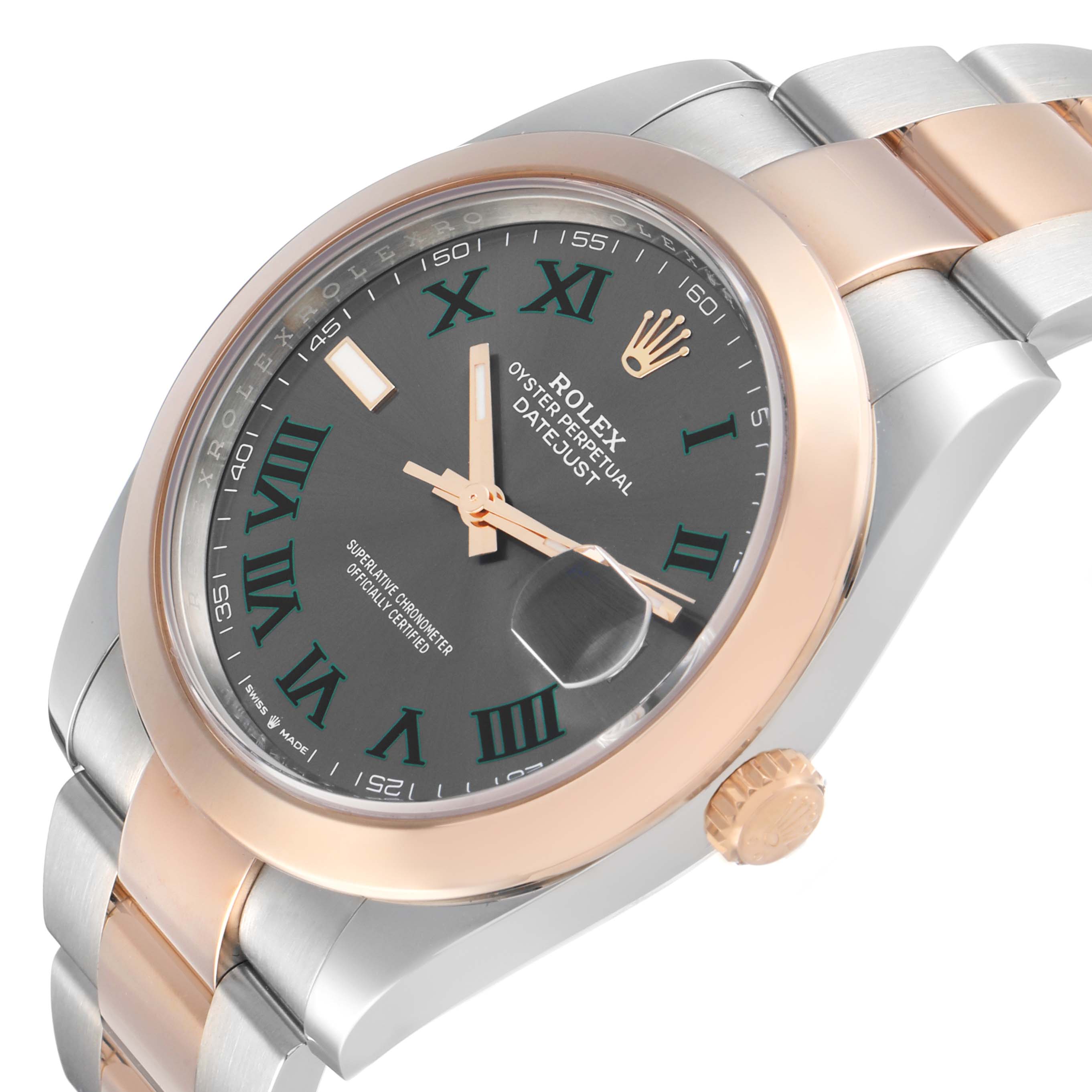 The Rolex Datejust 41 126301 Men's Steel and Gold (two tone) Grey Dial is shown at an angle highlighting the dial, bezel, crown, and part of the bracelet.