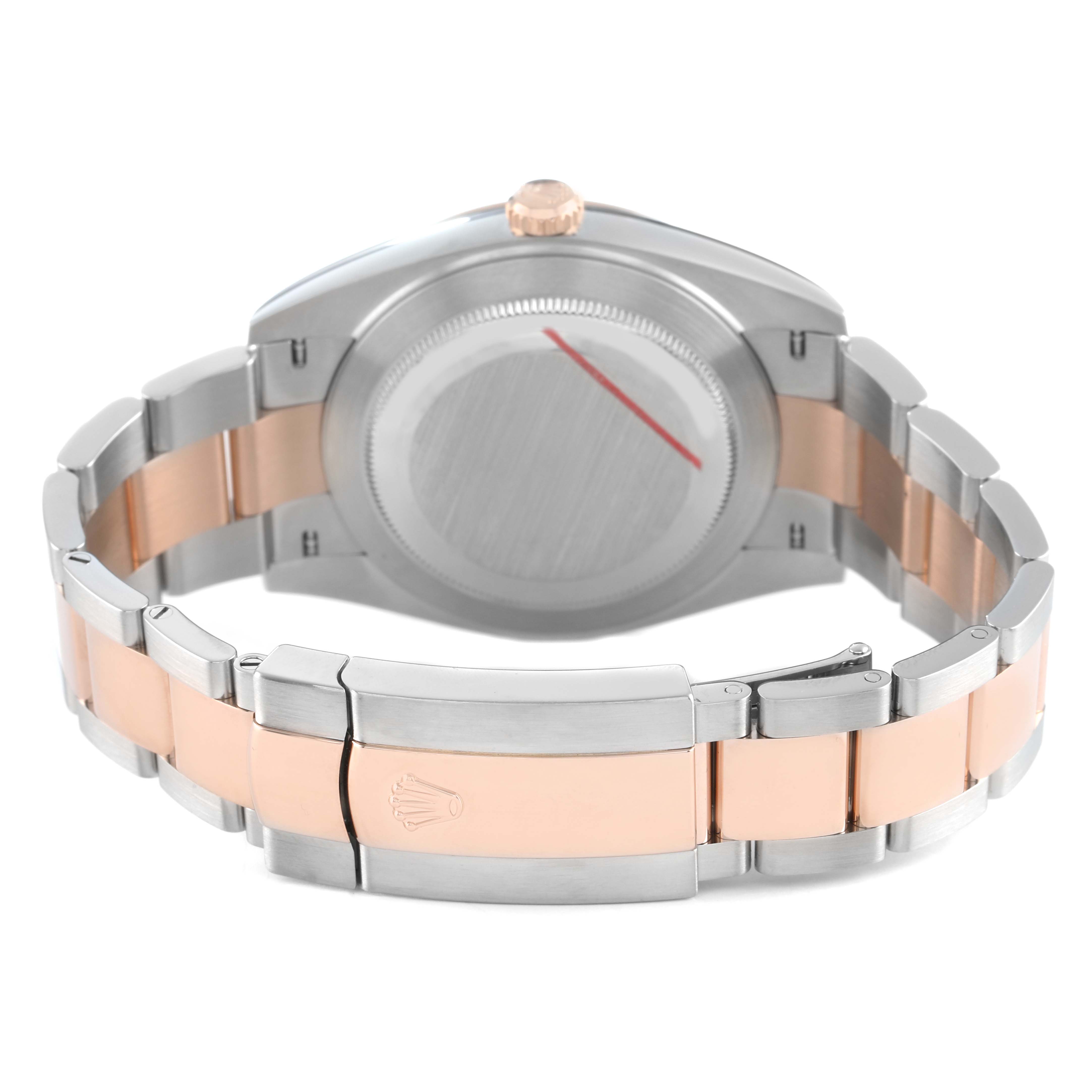 The image shows the back of a Rolex Datejust 41 126301 Men's Steel and Gold (two tone) Grey Dial, highlighting the case back and two-tone bracelet with a clasp.