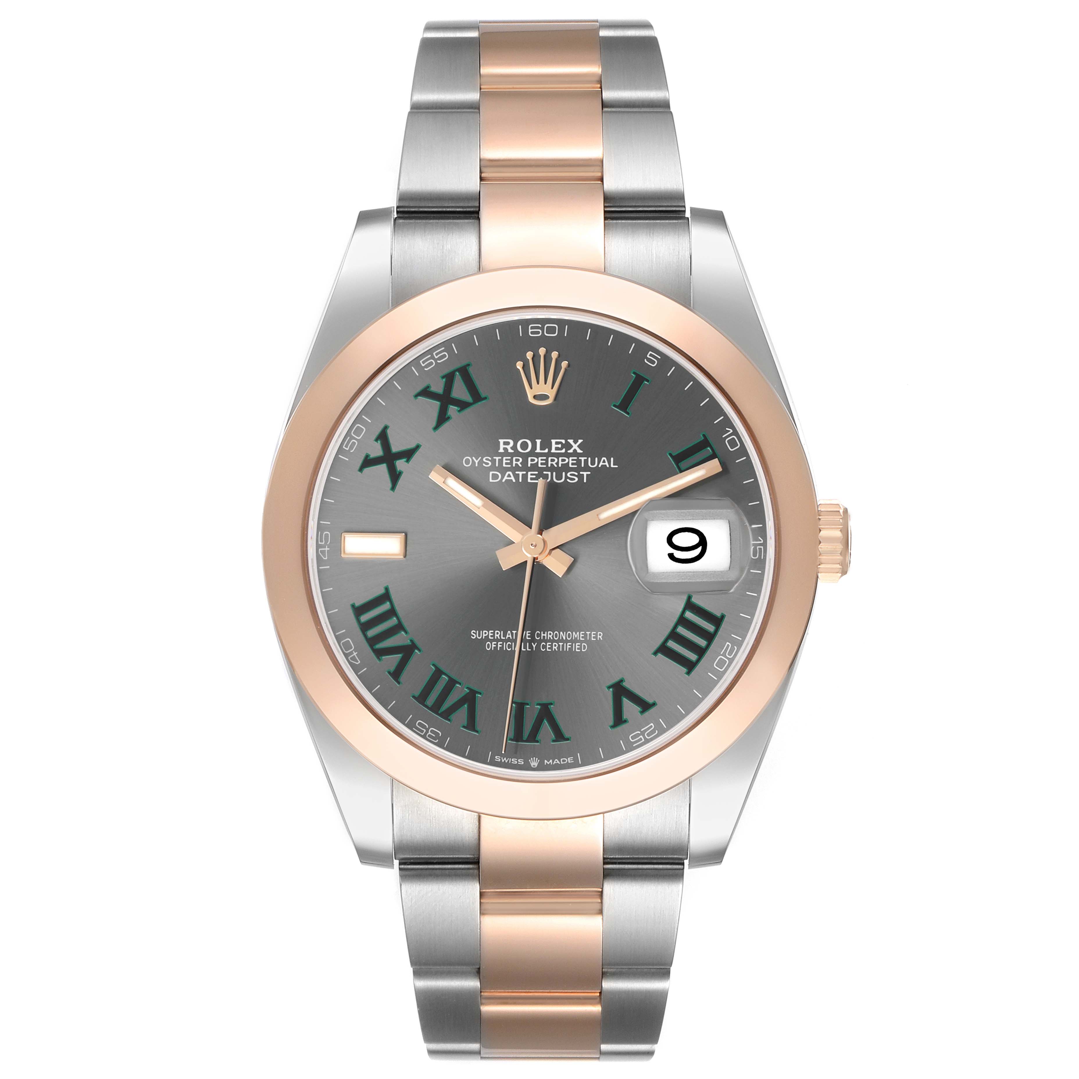 The Rolex Datejust 41 126301 Men's Steel and Gold (two tone) Grey Dial is shown from a front angle, highlighting the dial, bezel, and bracelet.