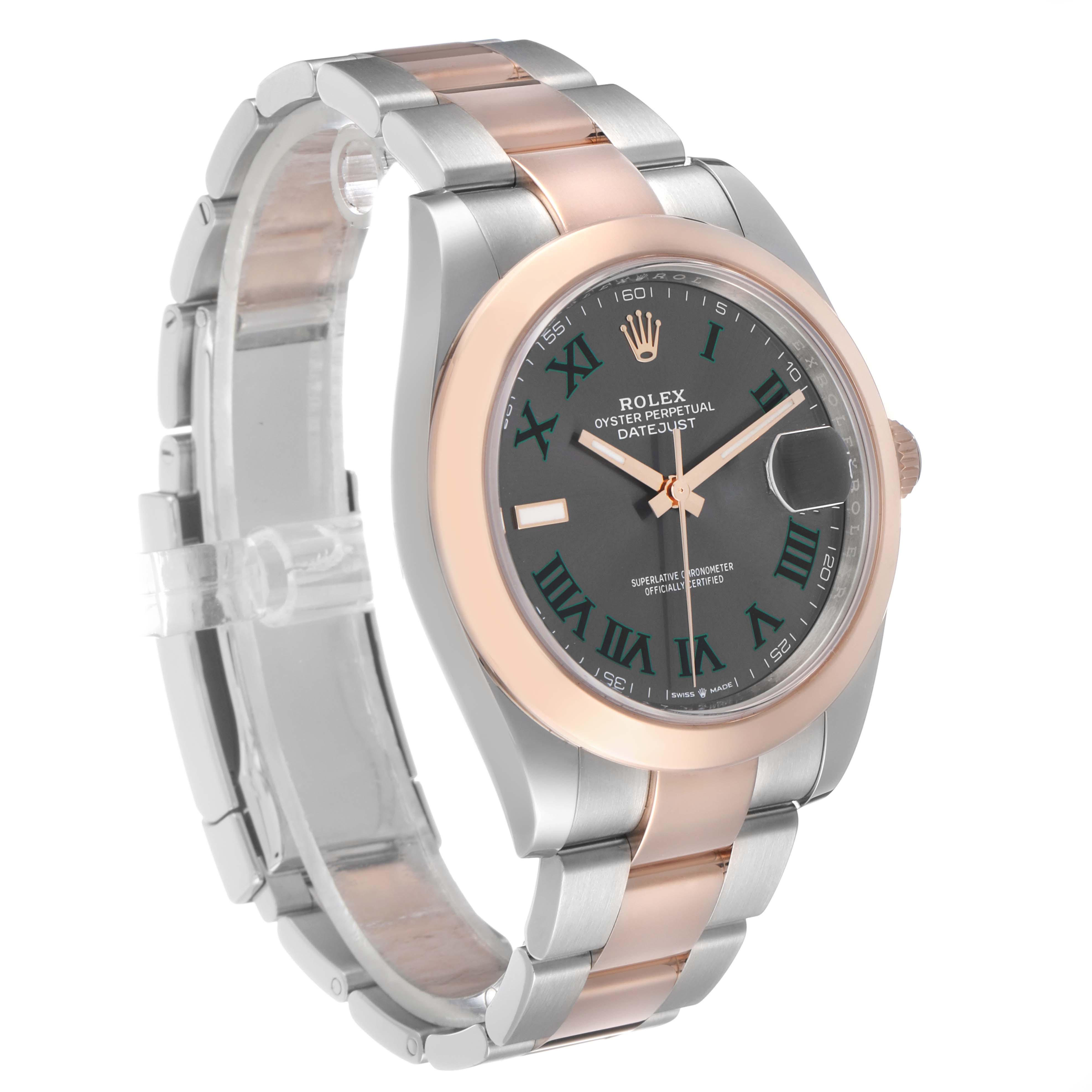 The Rolex Datejust 41 126301 Men's Steel and Gold (two tone) Grey Dial watch is shown at a three-quarter angle, displaying the dial, bezel, crown, and bracelet.