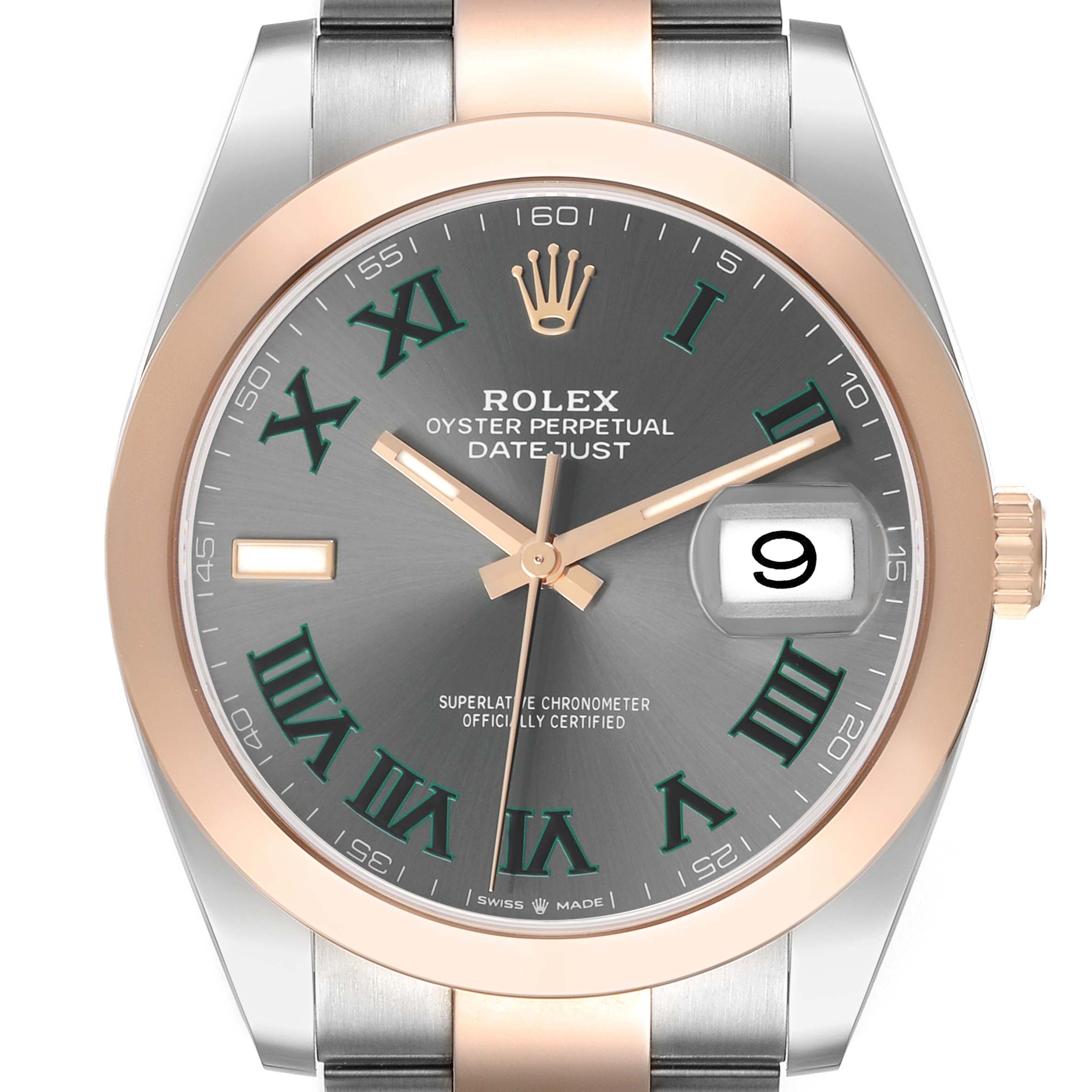 The Rolex Datejust 41 126301 Men's Steel and Gold (two tone) Grey Dial is shown from a front view, displaying the dial, hands, date window, bezel, and bracelet.