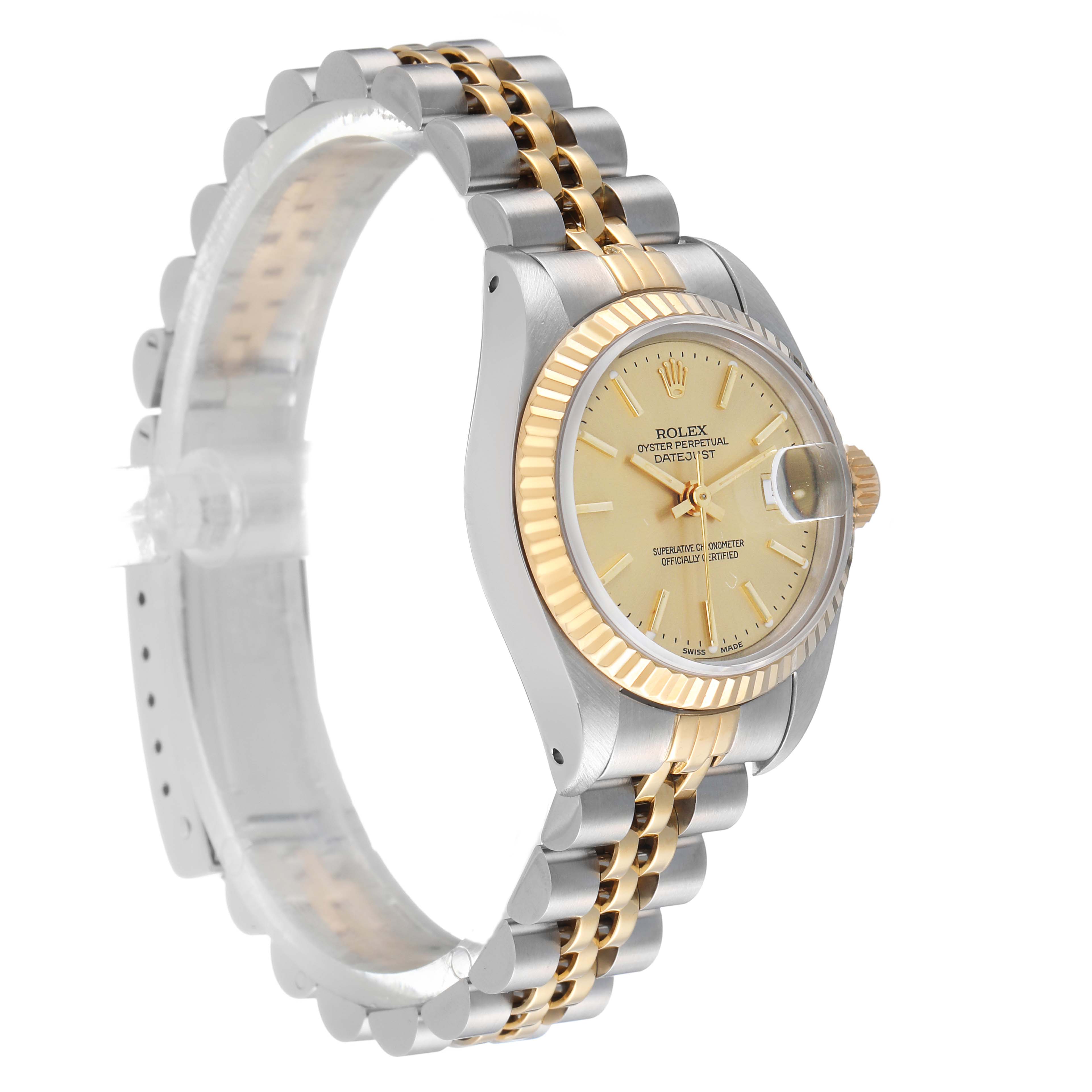 The Rolex Datejust 69173 Women's Steel and Gold (two tone) Champagne Dial watch is shown in a side angle displaying the case, bezel, bracelet, and dial.