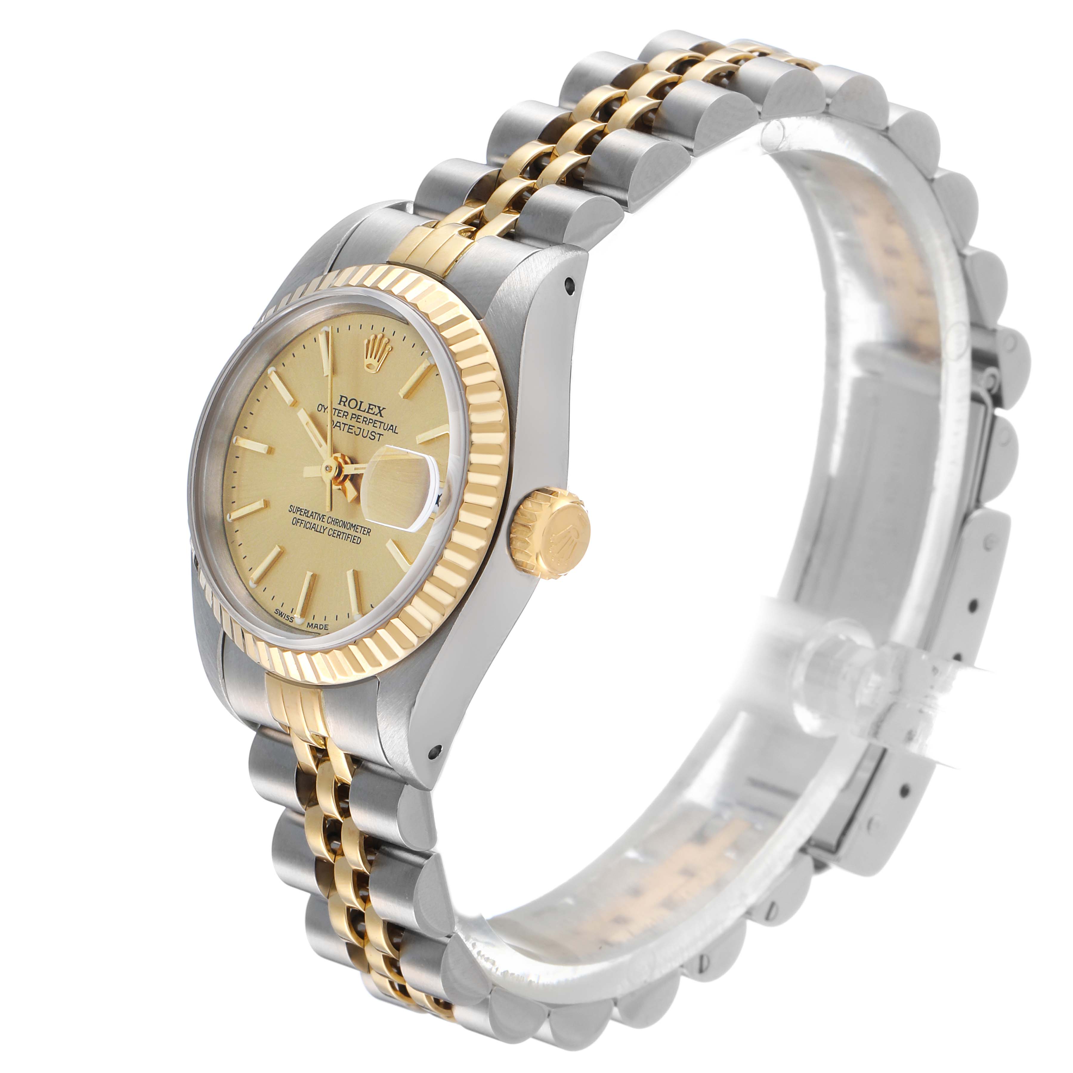 The Rolex Datejust 69173 Women's Steel and Gold (two tone) Champagne Dial is shown from a side angle, highlighting the face, case, and jubilee bracelet.
