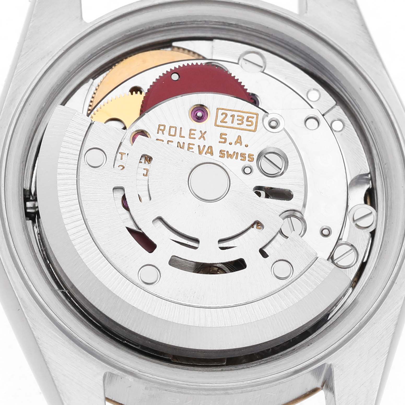 The image shows the movement of the Rolex Datejust 69173 Women's Steel and Gold (two tone) Champagne Dial, viewed from the back, highlighting its intricate mechanics.