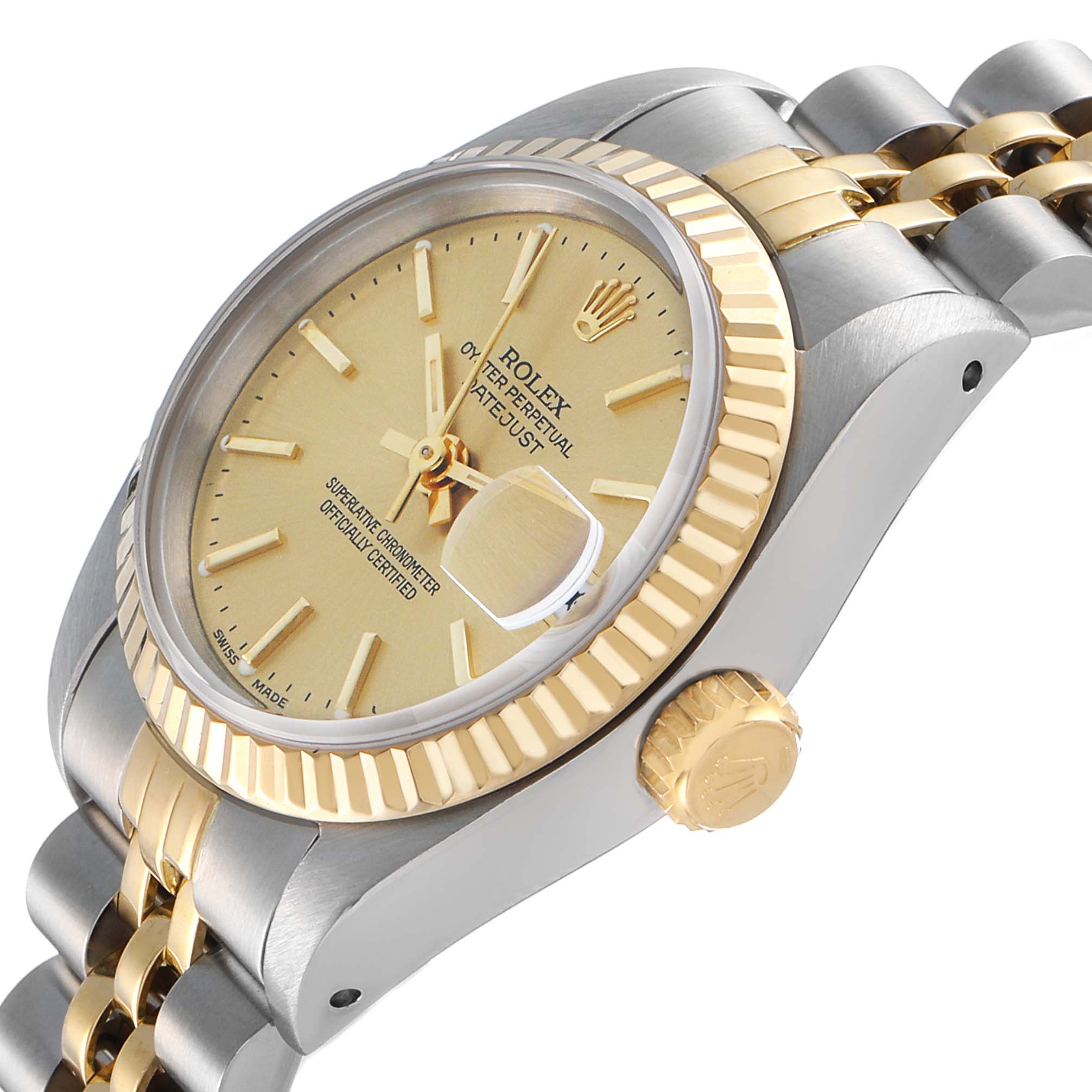 The Rolex Datejust 69173 Women's Steel and Gold (two tone) Champagne Dial watch is shown from a side angle, highlighting the gold fluted bezel, crown, and part of the bracelet.