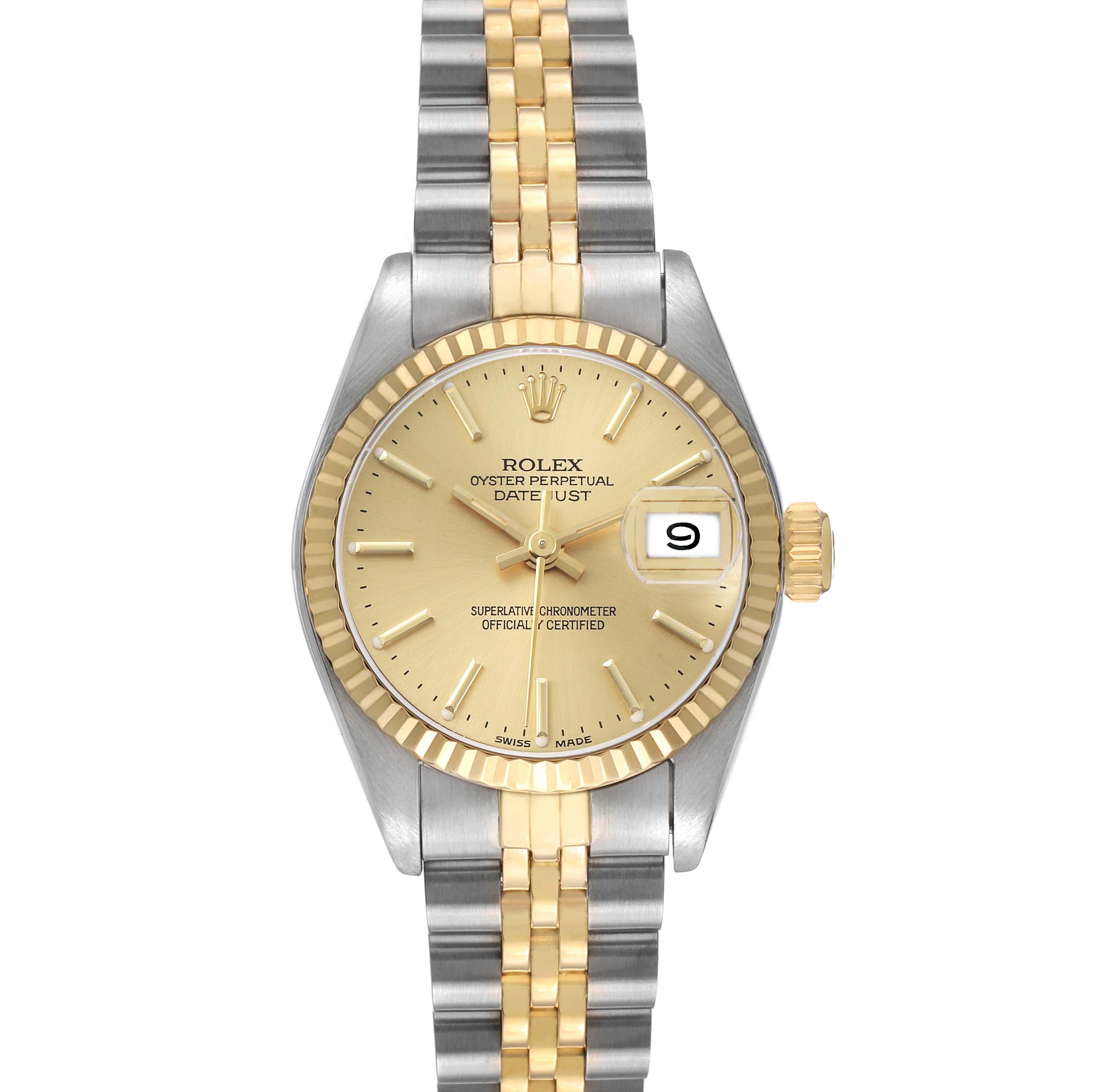 The Rolex Datejust 69173 Women's Steel and Gold (two tone) Champagne Dial watch is shown from a top-down angle, displaying its dial, bezel, crown, and two-tone bracelet.