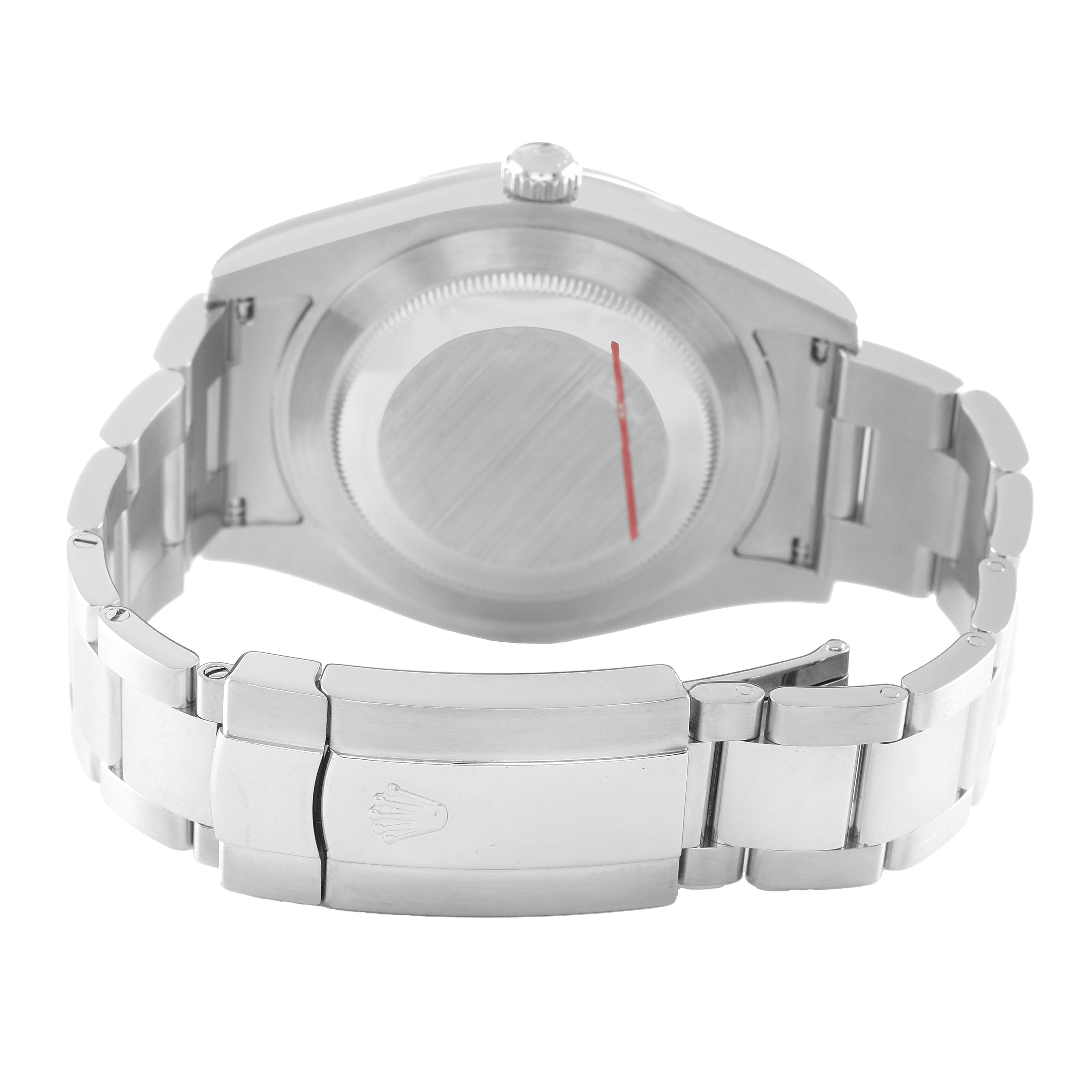 The Rolex Datejust 41 116300 Men's Stainless Steel Black Dial is shown from the back, highlighting the case back and bracelet clasp.