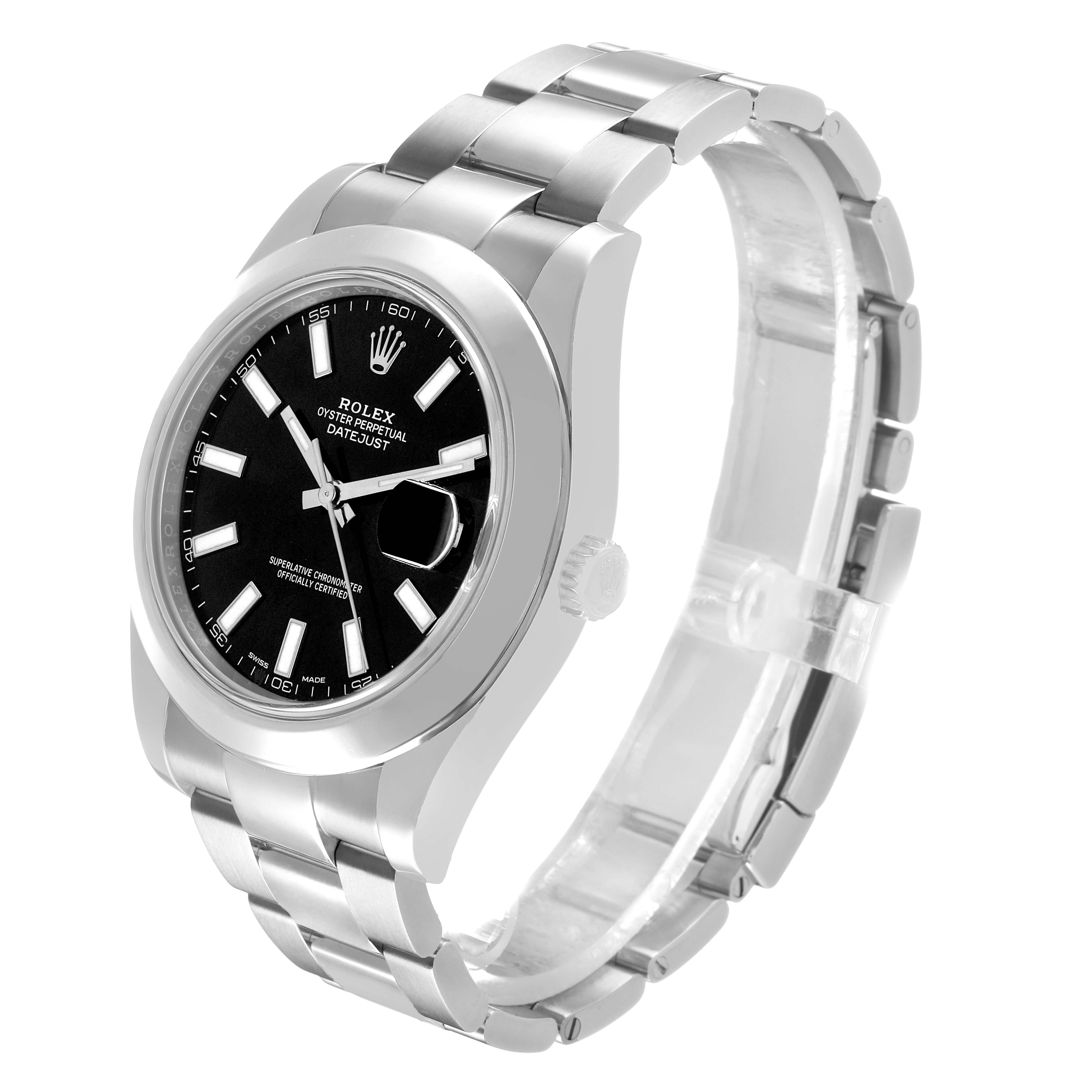 The Rolex Datejust 41 116300 Men's Stainless Steel Black Dial is shown at an angled side view, displaying the watch face, bezel, crown, and parts of the bracelet.