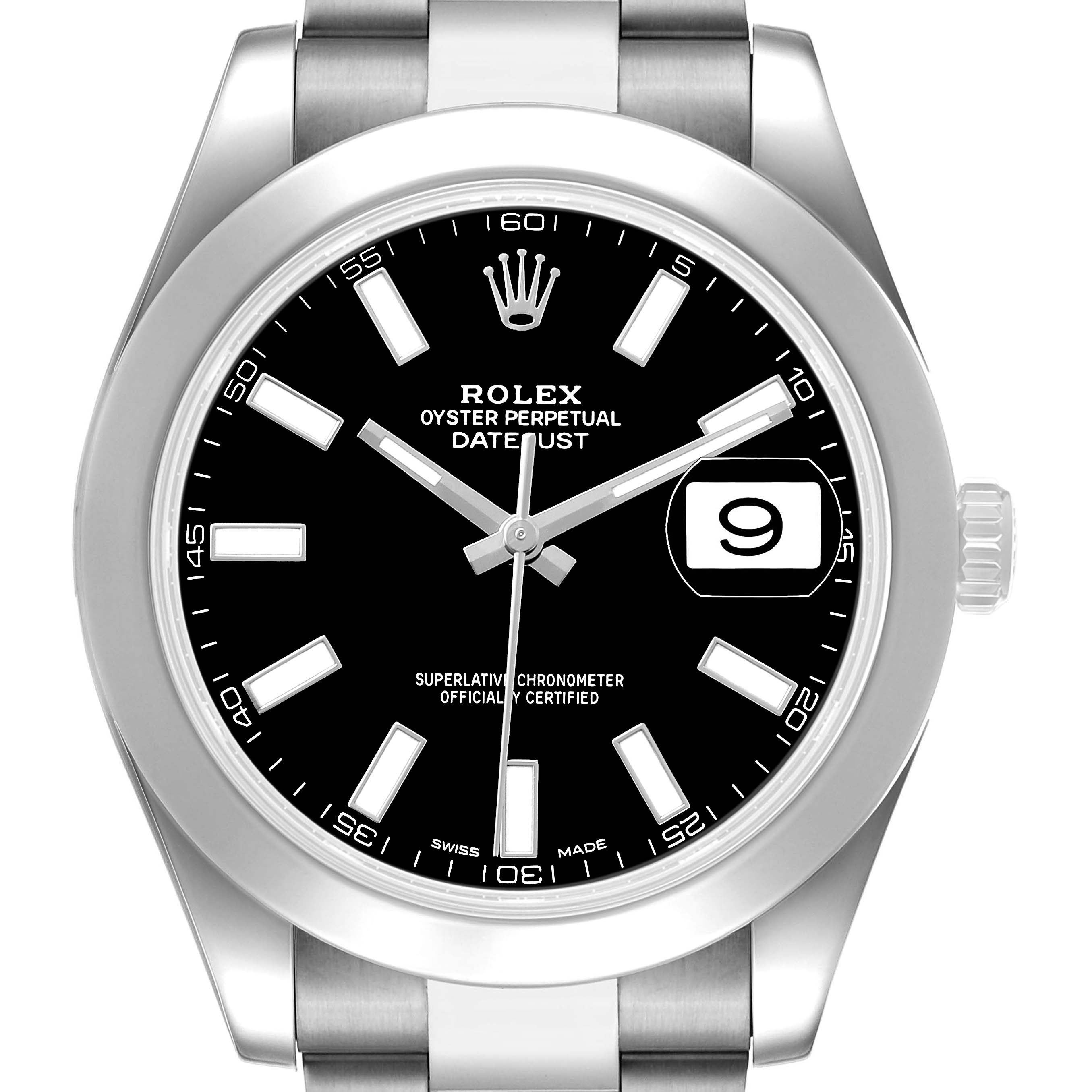 The Rolex Datejust 41 116300 Men's Stainless Steel Black Dial is shown from a front angle, highlighting the dial, bezel, and part of the bracelet.