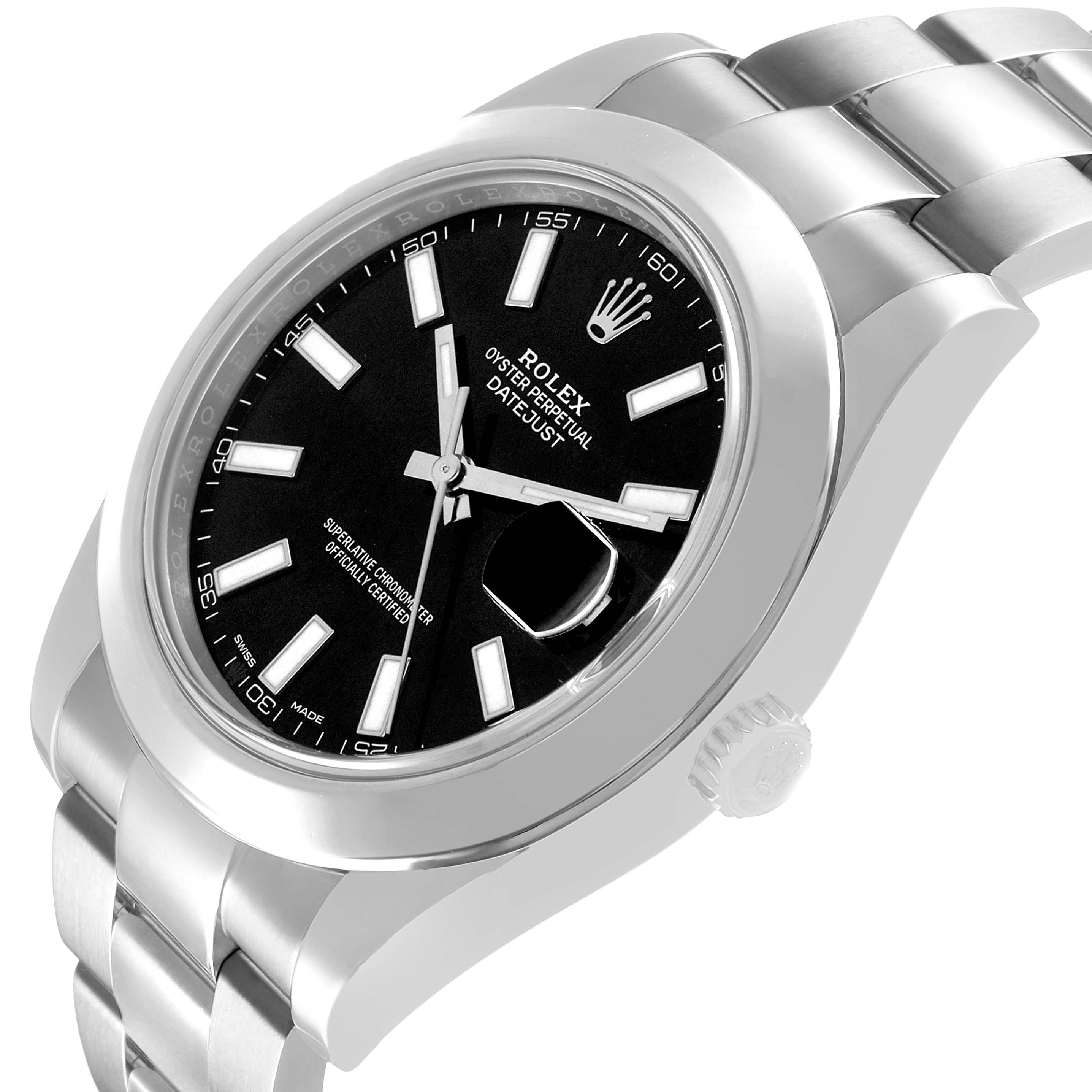 The Rolex Datejust 41 116300 Men's Stainless Steel Black Dial is shown at a slight angle, highlighting the black dial, bezel, crown, and part of the bracelet.