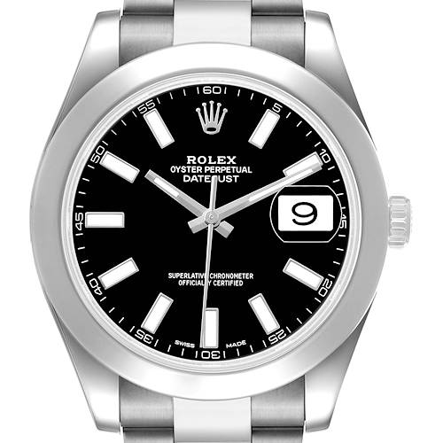 The Rolex Datejust 41 116300 Men's Stainless Steel Black Dial watch is shown from a frontal angle, highlighting the black dial, hour markers, and date window.