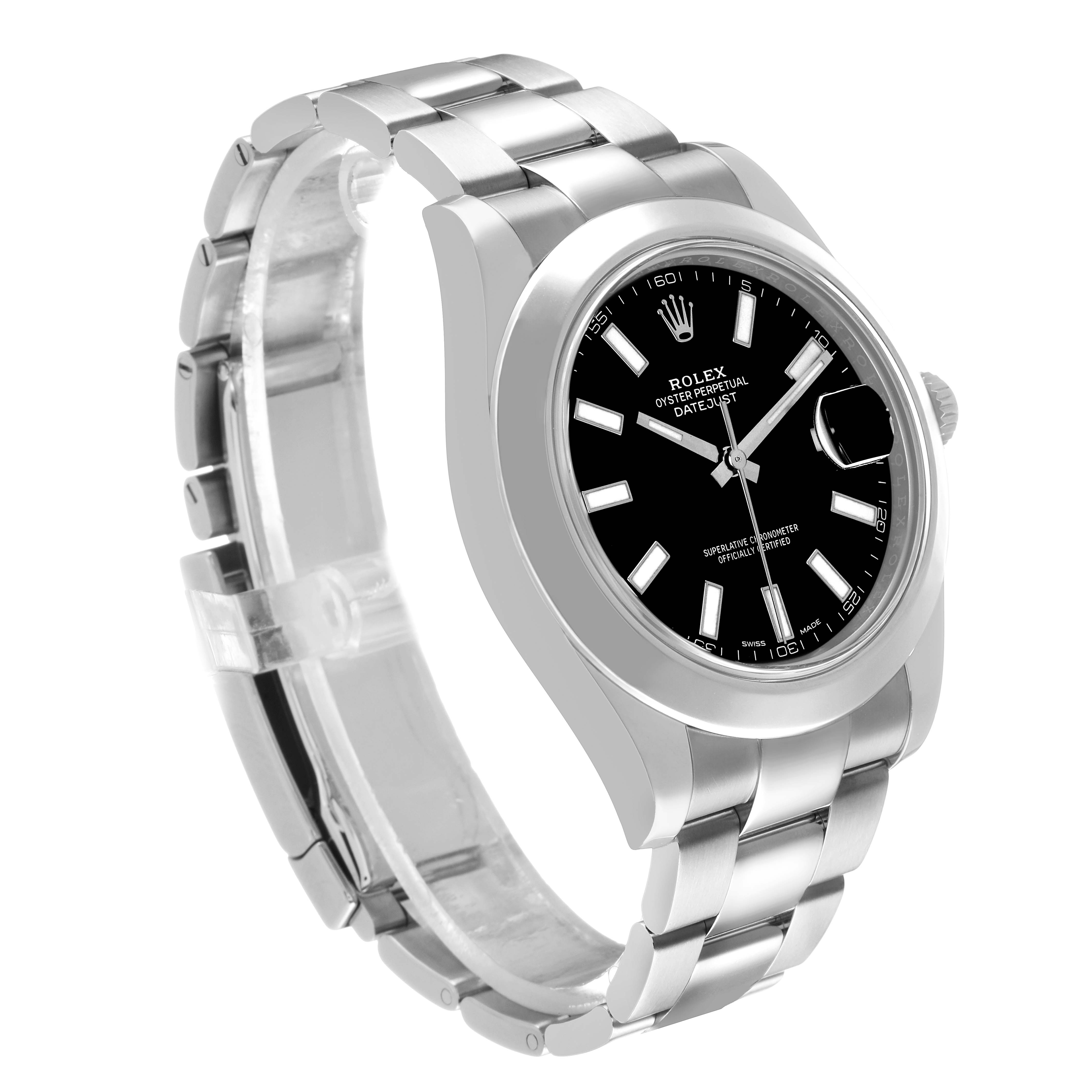 The Rolex Datejust 41 116300 Men's Stainless Steel Black Dial is shown at a three-quarter angle, highlighting the stainless steel bracelet, black dial, and fluted bezel.