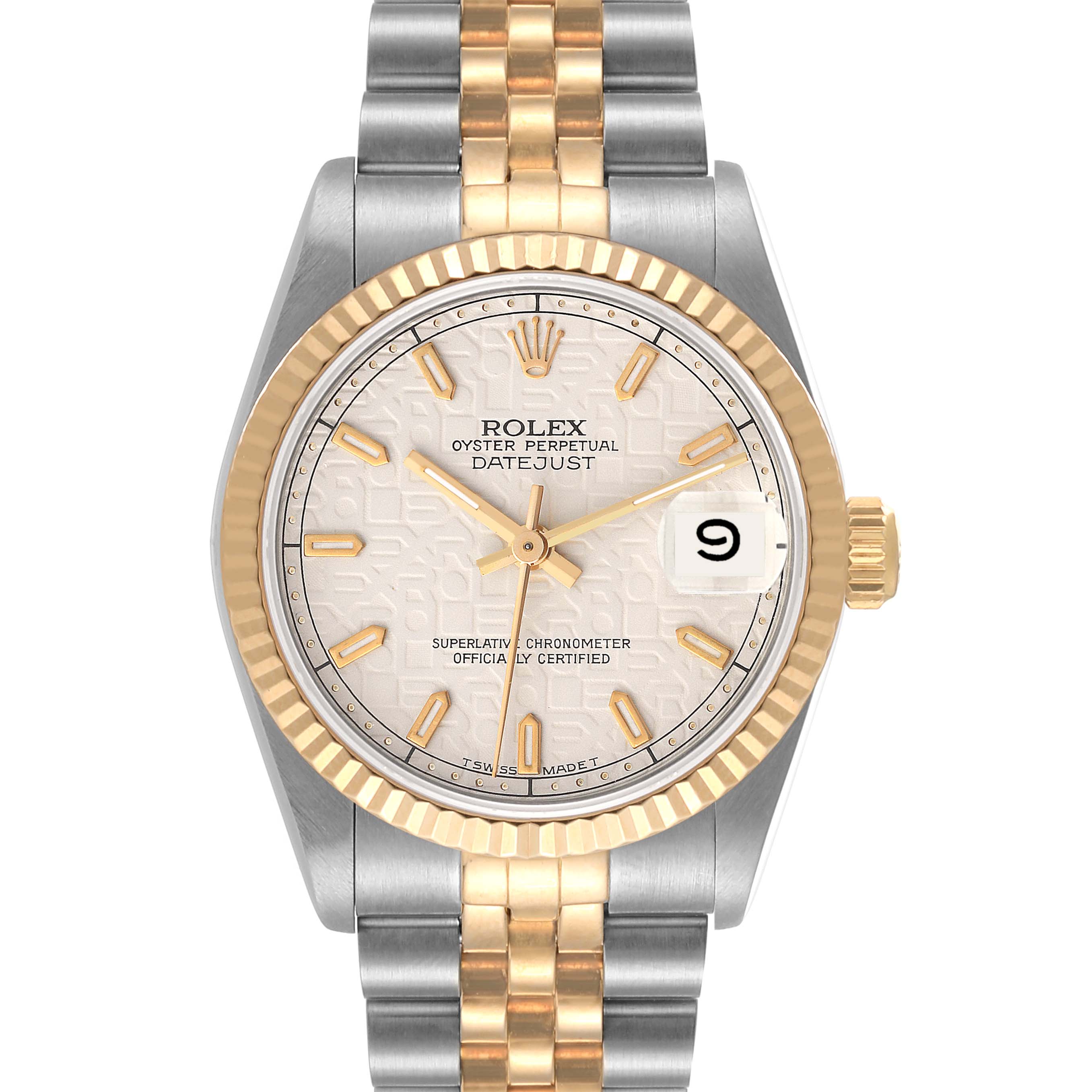 This image shows a front view of a Rolex Mid-Size 68273 Women's Steel and Gold (two tone) Beige Dial 68273 Women's Steel and Gold (two tone) Beige Dial Datejust watch, highlighting the face, bezel, crown, and bracelet.